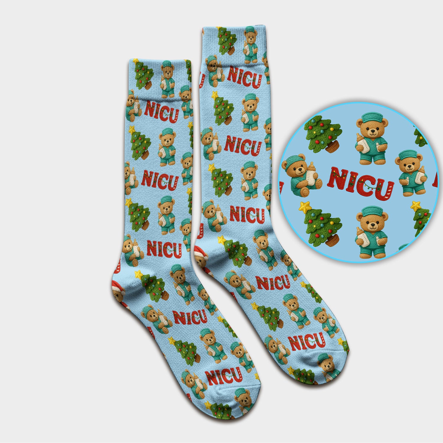 Festive Christmas NICU Nurse Teddy Bear Pattern Print Socks, Adult Socks for Men and Women