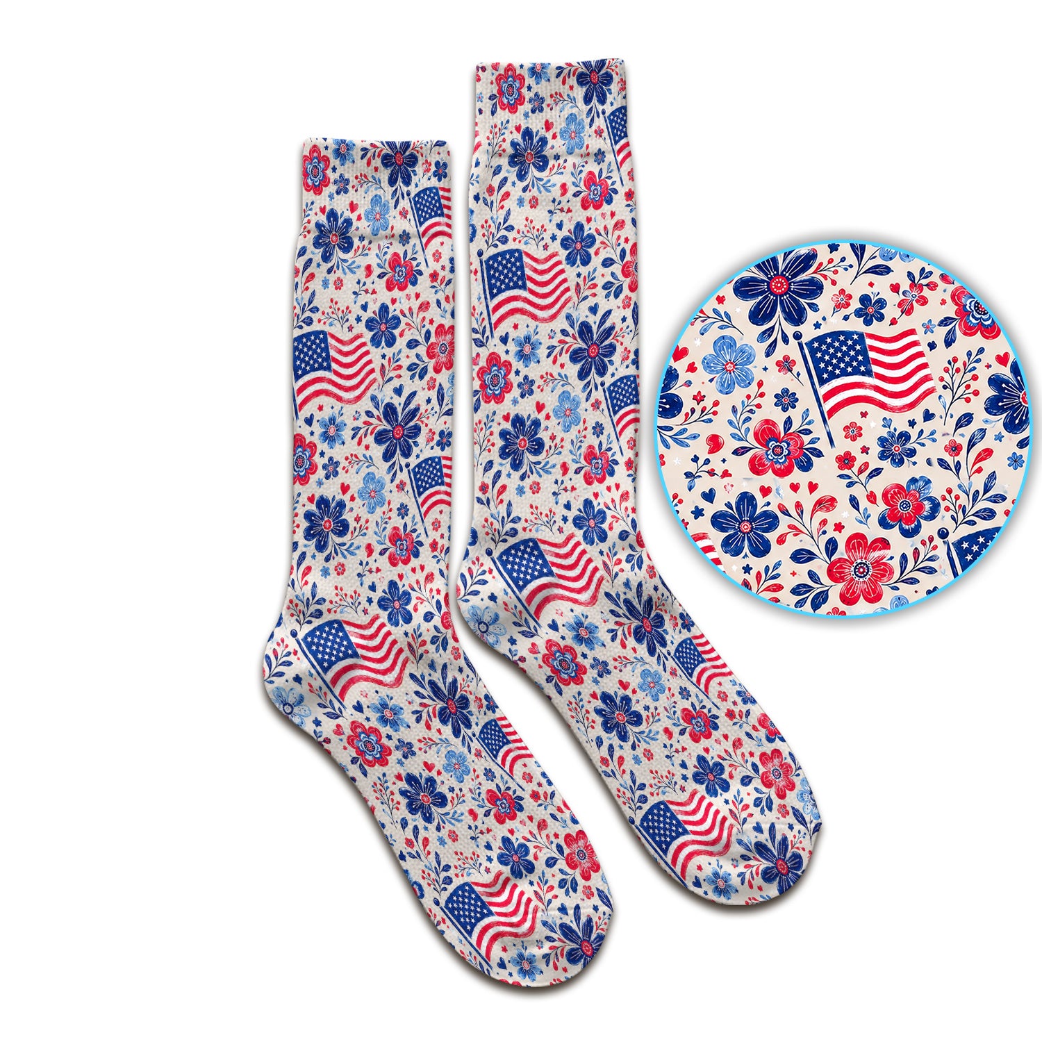 Patriotic Flag Floral Nurse Pattern Socks, Adult Socks for Men and Women