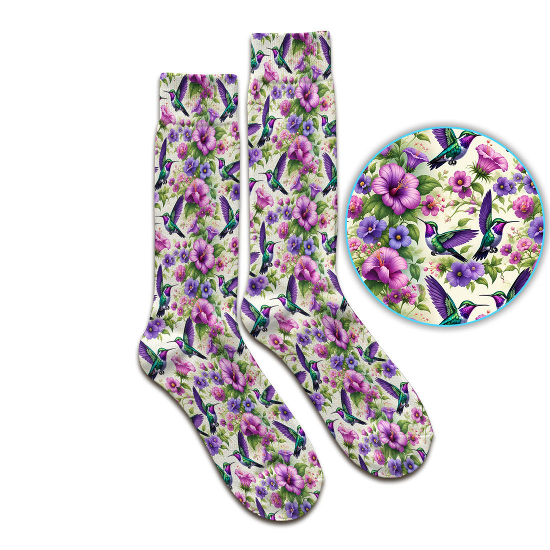 Purple Hummingbird Hibiscus Floral Pattern Socks, Adult Socks for Men and Women