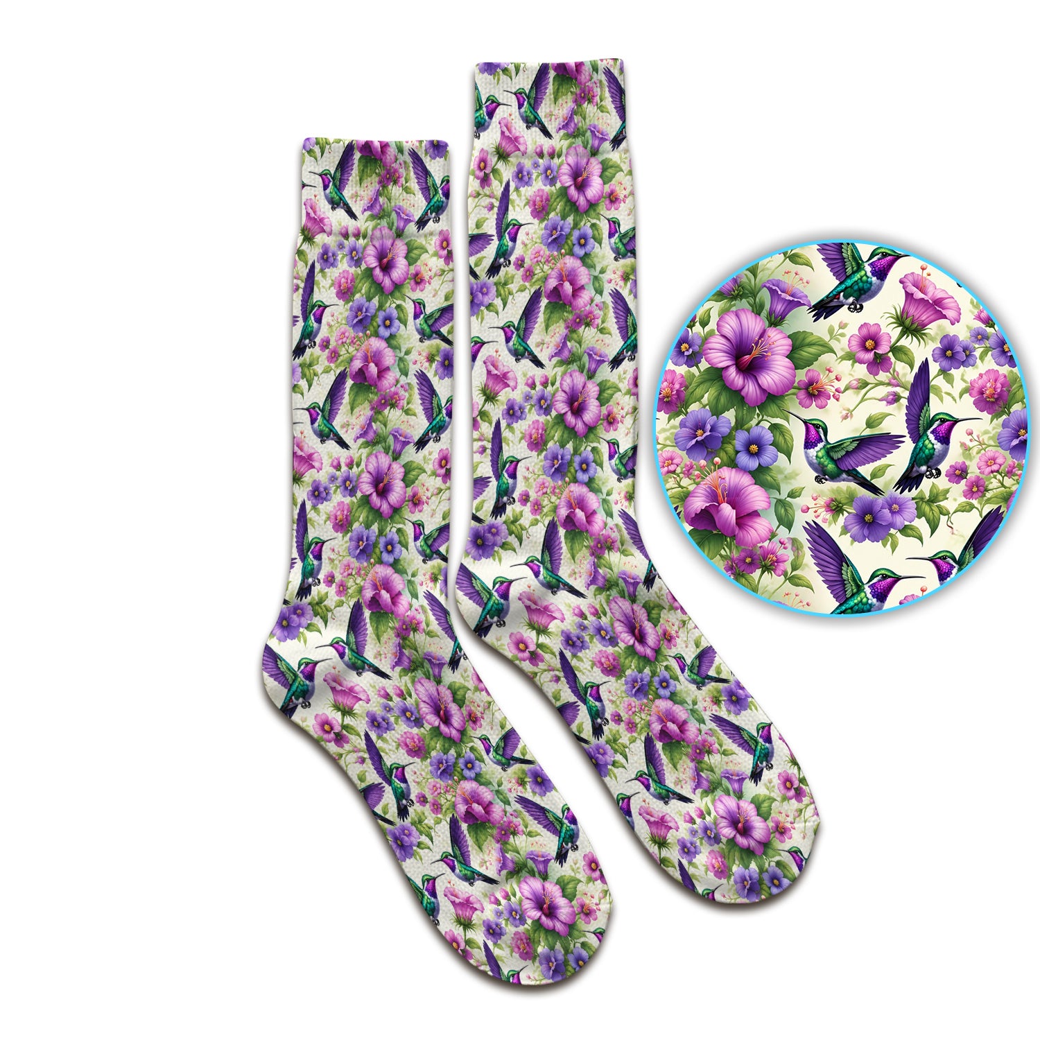 Purple Hummingbird Hibiscus Floral Pattern Socks, Adult Socks for Men and Women