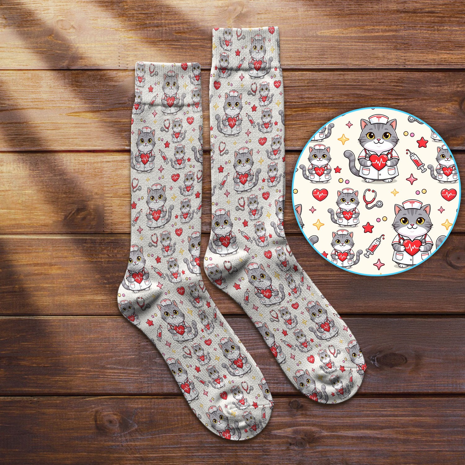 Cute Nurse Cat Heart Medical Print Socks, Adult Socks for Men and Women