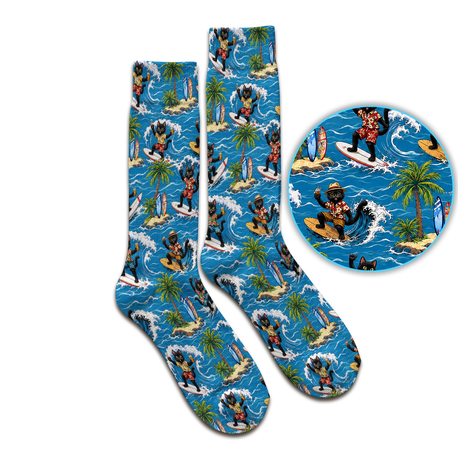 Tropical Black Cat Surfer Island Pattern Socks, Adult Socks for Men and Women