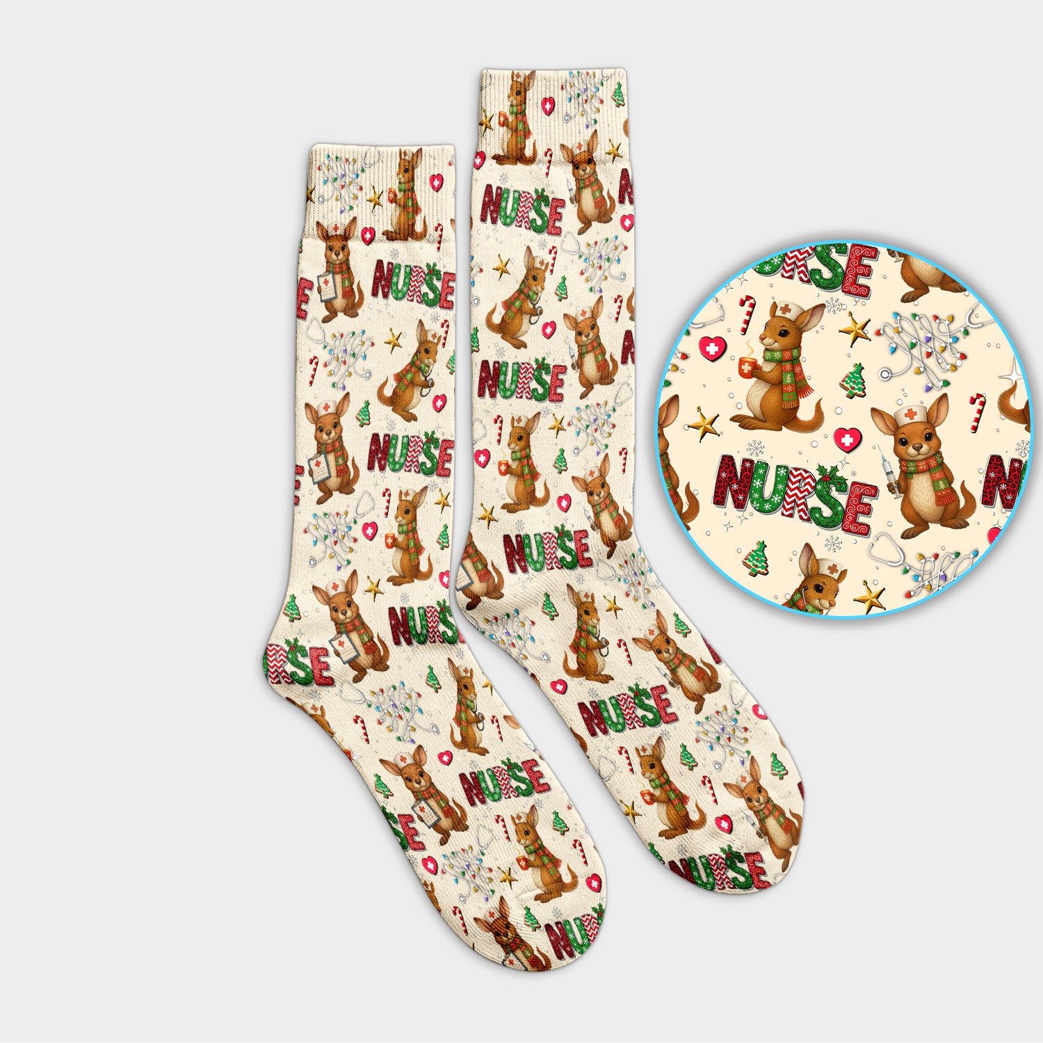 Aussie Kangaroo Christmas Socks for Nurse Doctor - Funny Holiday Adult Socks for Men and Women - Breathable Fabrics Medical Uniform