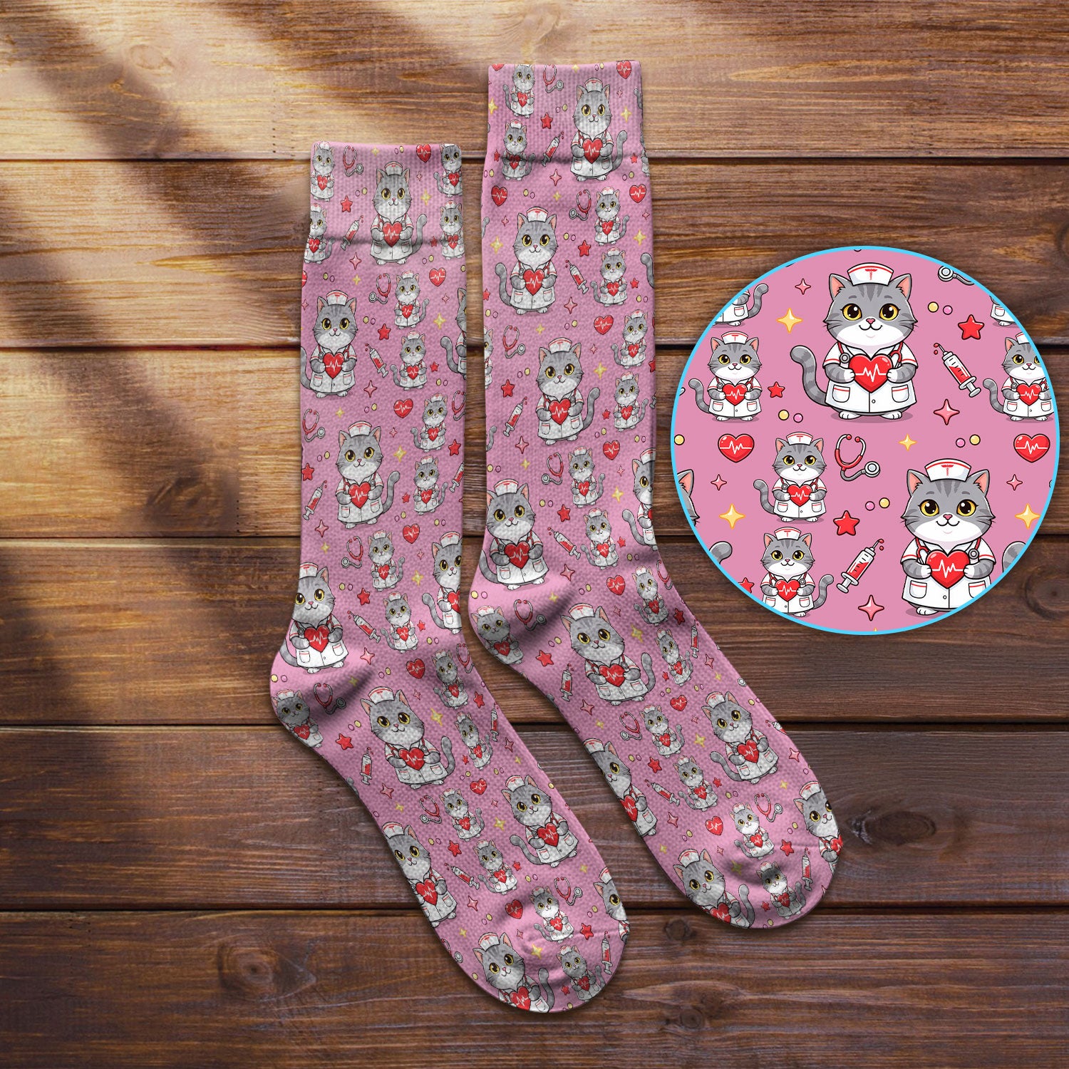 Cute Nurse Cat Heart Medical Print Socks, Adult Socks for Men and Women