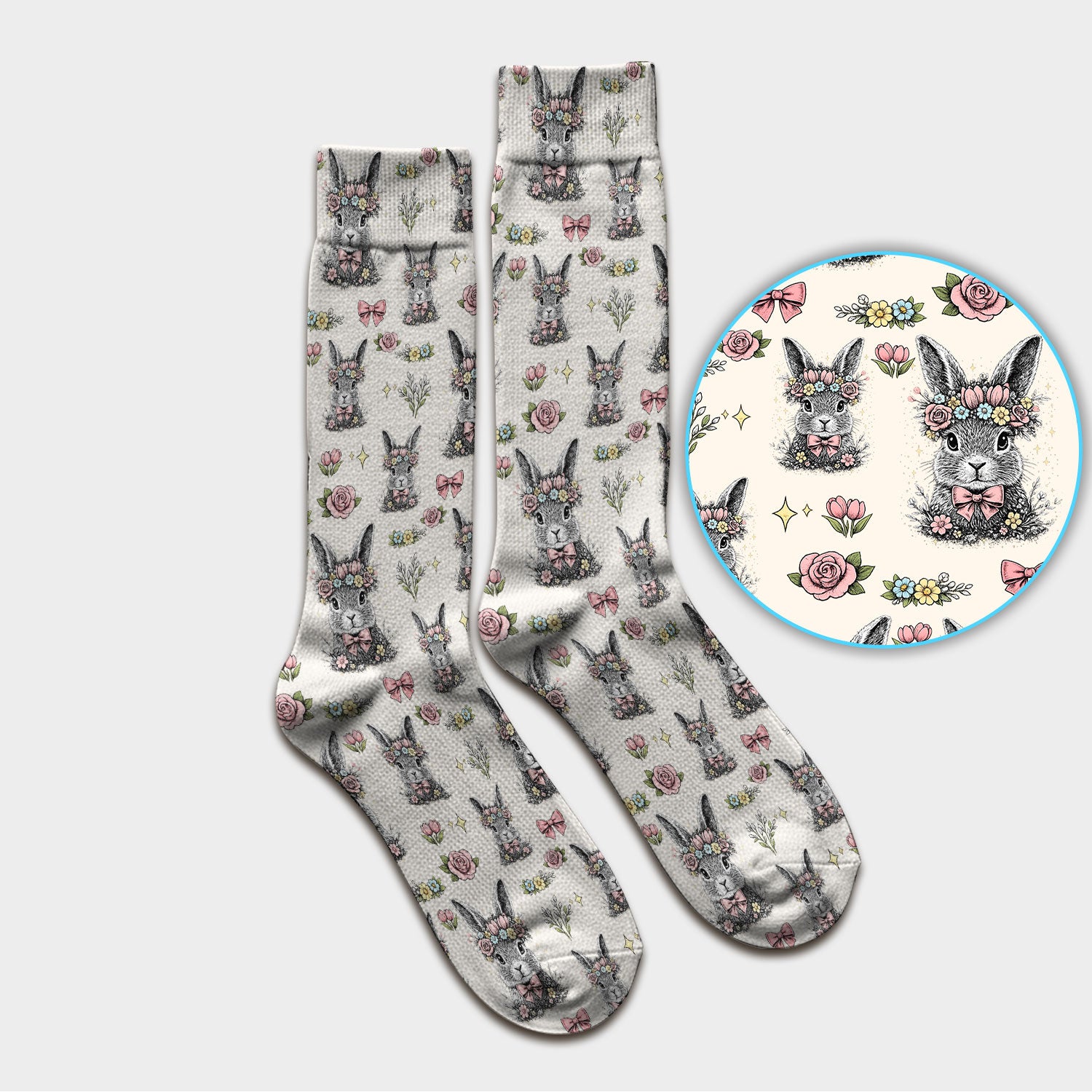 Vintage Floral Bunny Print Socks, Breathable Fabrics Medical Uniform