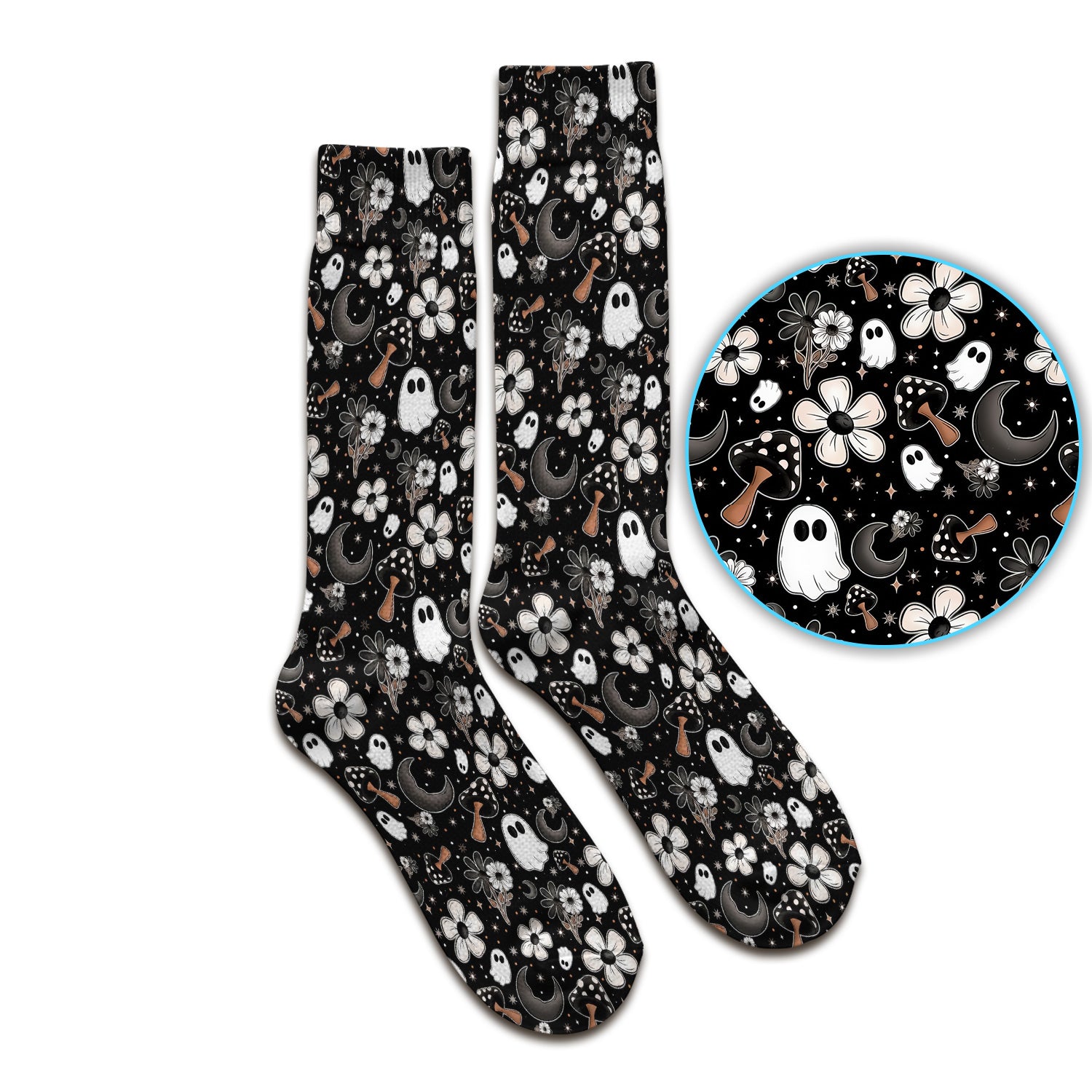 Floral Mushroom Ghost Pattern Socks, Adult Socks for Men and Women