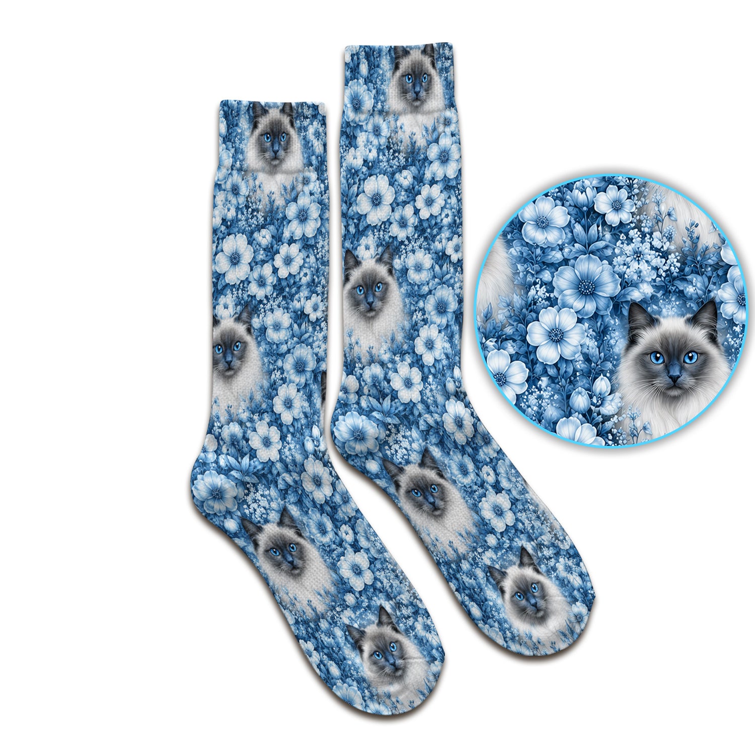 Blue Floral Ragdoll Cat Pattern Socks, Adult Socks for Men and Women
