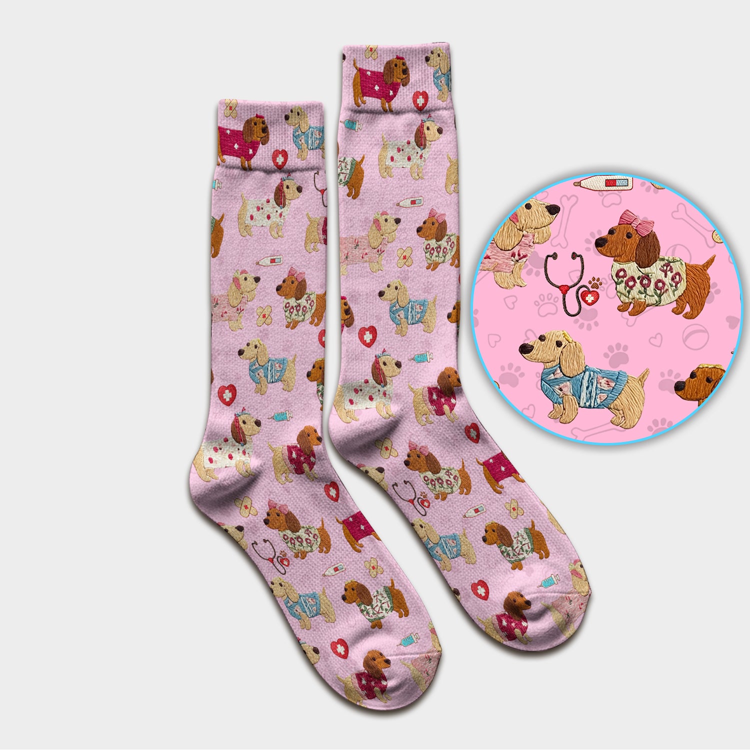 Cute Medical Wiener Dog Pattern Nurse Socks, Dachshund Nursing Scrub Sock, Breathable Fabrics Nursing Uniform