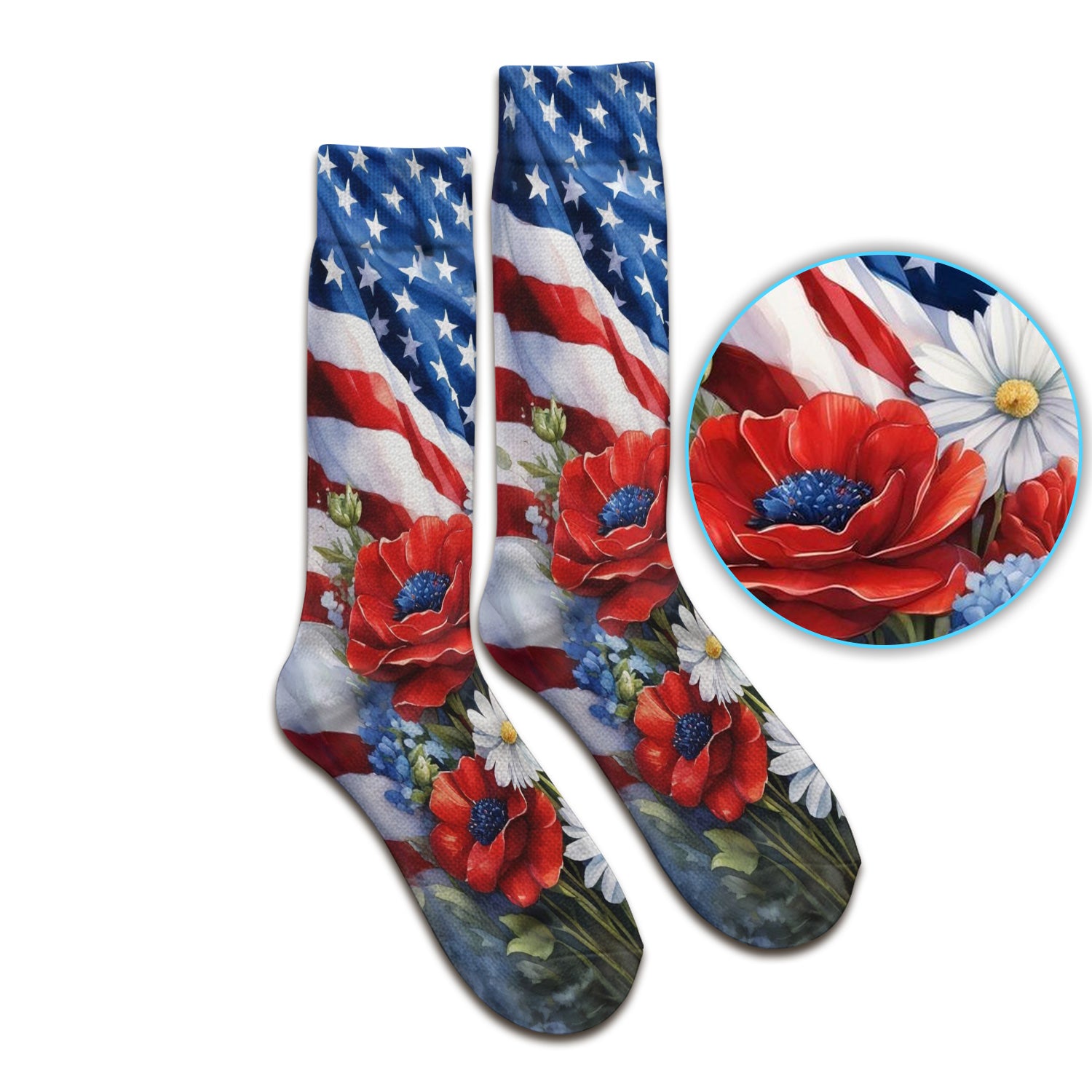 Festive US Flag Floral Bouquet Pattern Socks, Adult Socks for Men and Women
