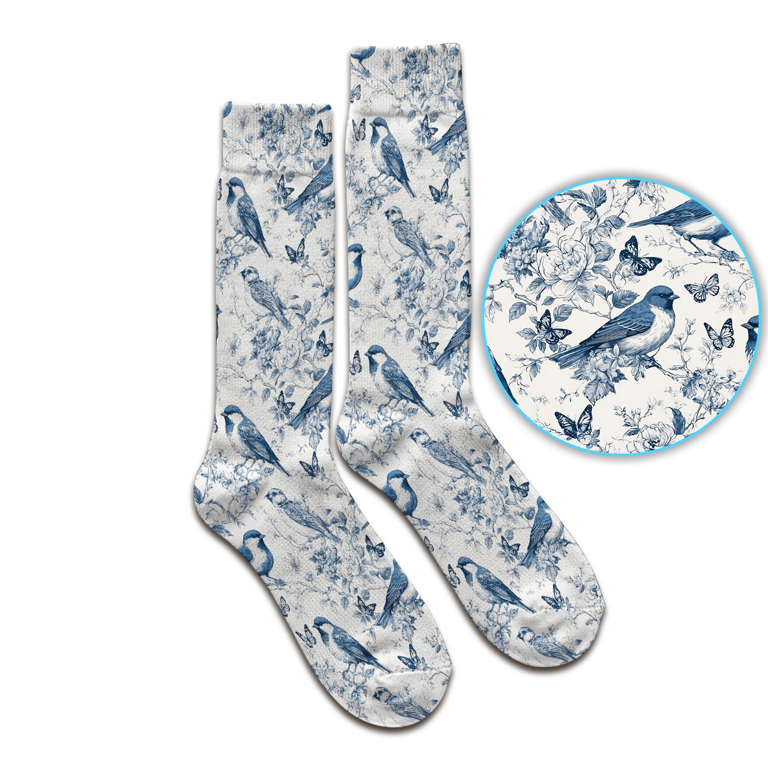 Blue Toile Songbird With Butterfly Print Socks, Adult Socks for Men and Women