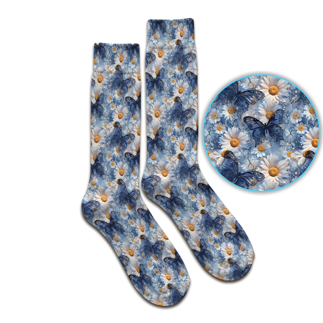 Blue Daisy Butterfly Print Socks, Adult Socks for Men and Women