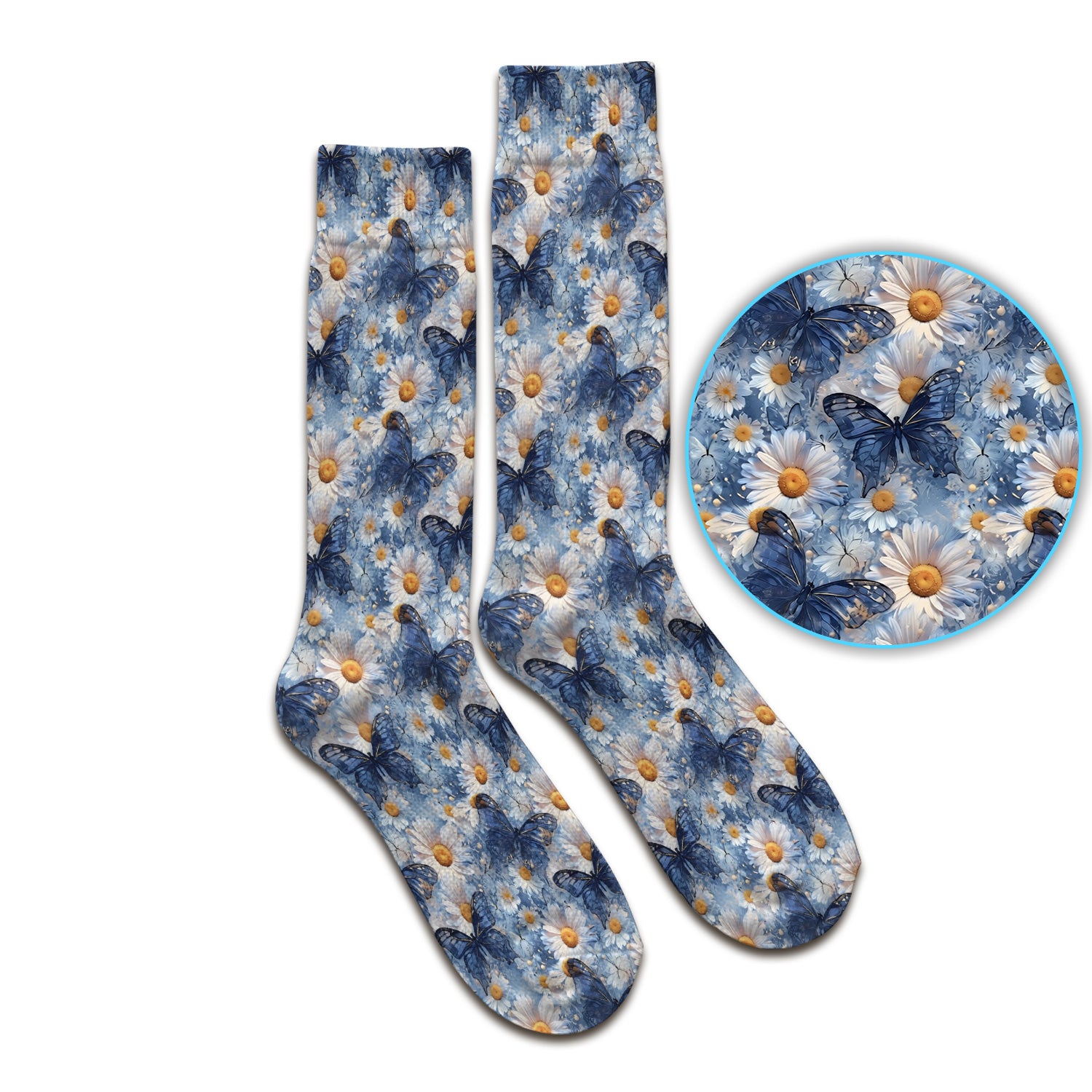 Blue Daisy Butterfly Print Socks, Adult Socks for Men and Women