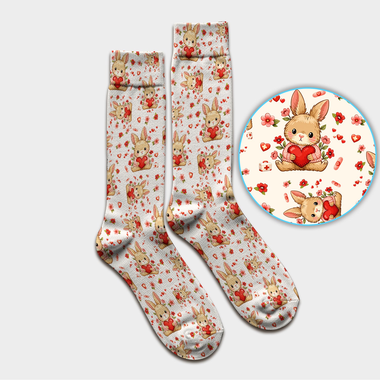 Adorable Bunny Heart Healthcare Design Socks, Adult Socks for Men and Women