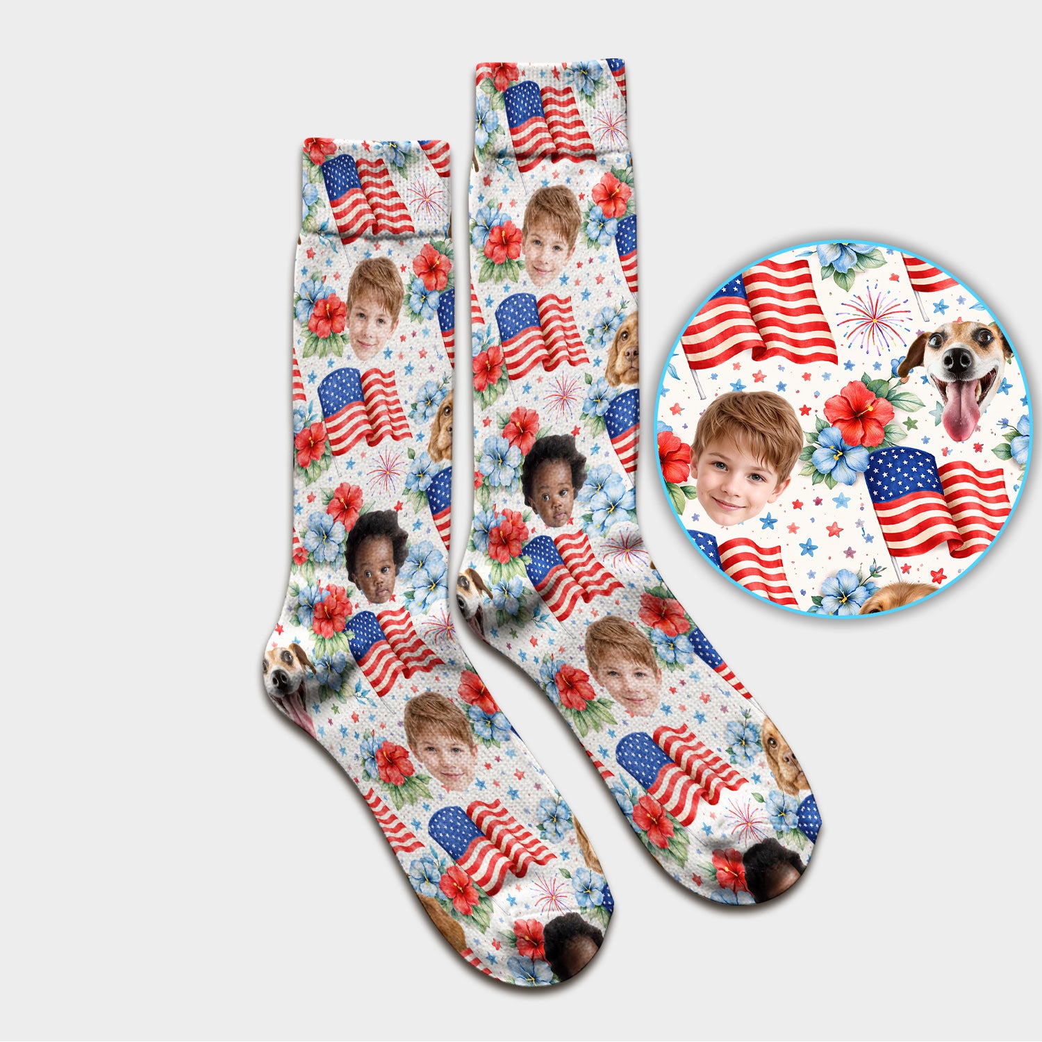 Custom Photo Patriotic Kids & Pet Faces Flag Nurse Socks, Adult Socks for Men and Women