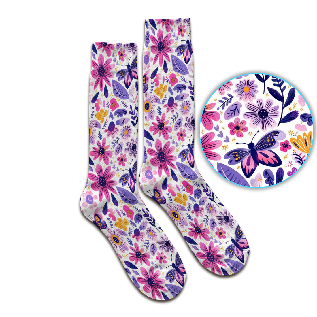 Cute Butterfly Wildflower Garden Pattern Socks, Adult Socks for Men and Women