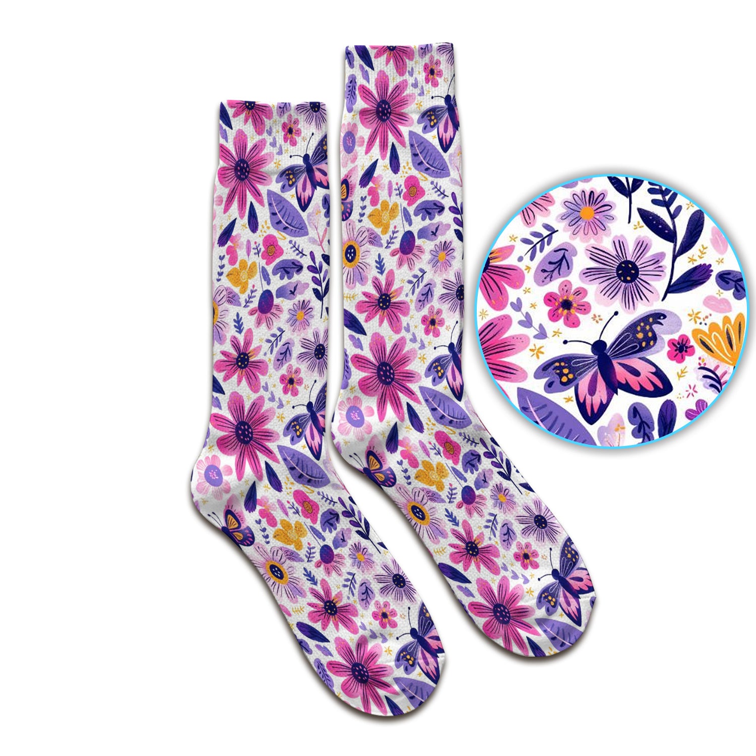 Cute Butterfly Wildflower Garden Pattern Socks, Adult Socks for Men and Women