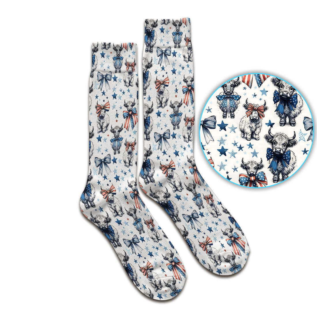 Patriotic Highland Cow Stars Pattern Uniform Socks, Adult Socks for Men and Women