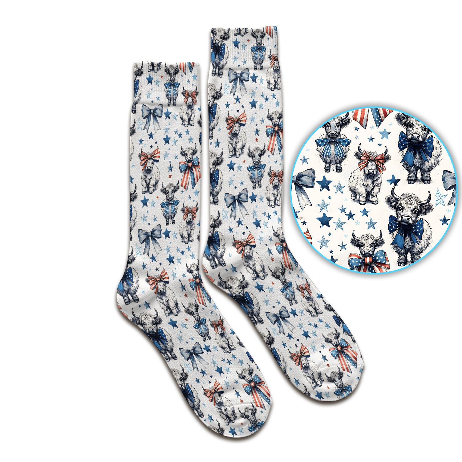 Patriotic Highland Cow Stars Pattern Uniform Socks, Adult Socks for Men and Women