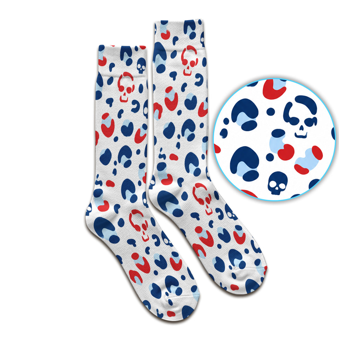 Red Blue Skull Leopard Pattern Socks, Adult Socks for Men and Women