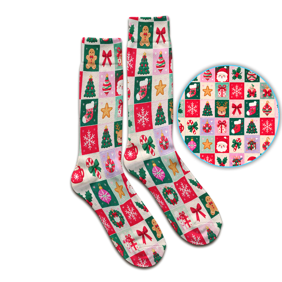 Cute Christmas Santa Patchwork Socks, Adult Socks for Men and Women