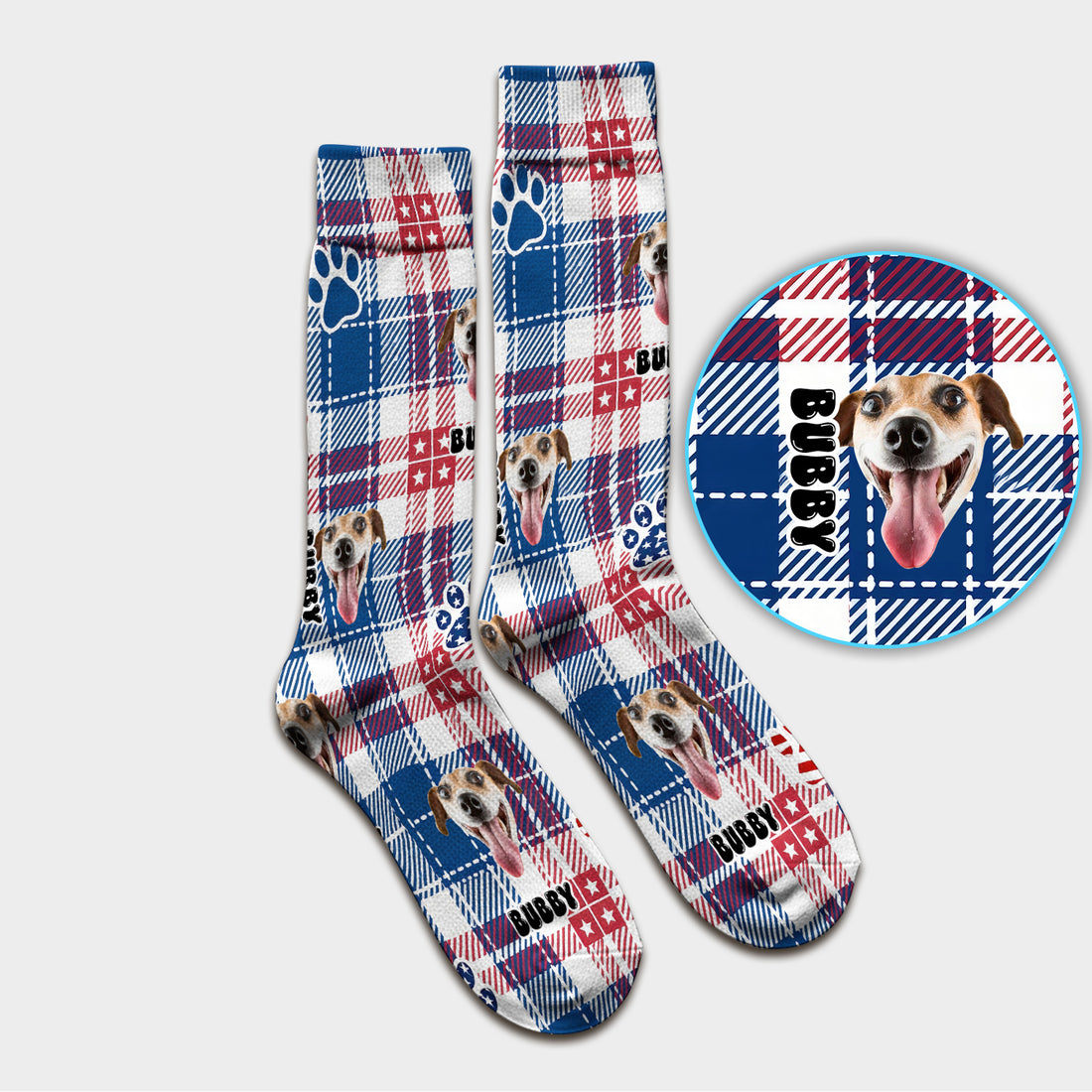 Custom Dog Face Sock, Patriotic Dog Plaid Pattern, Adult Socks for Men and Women