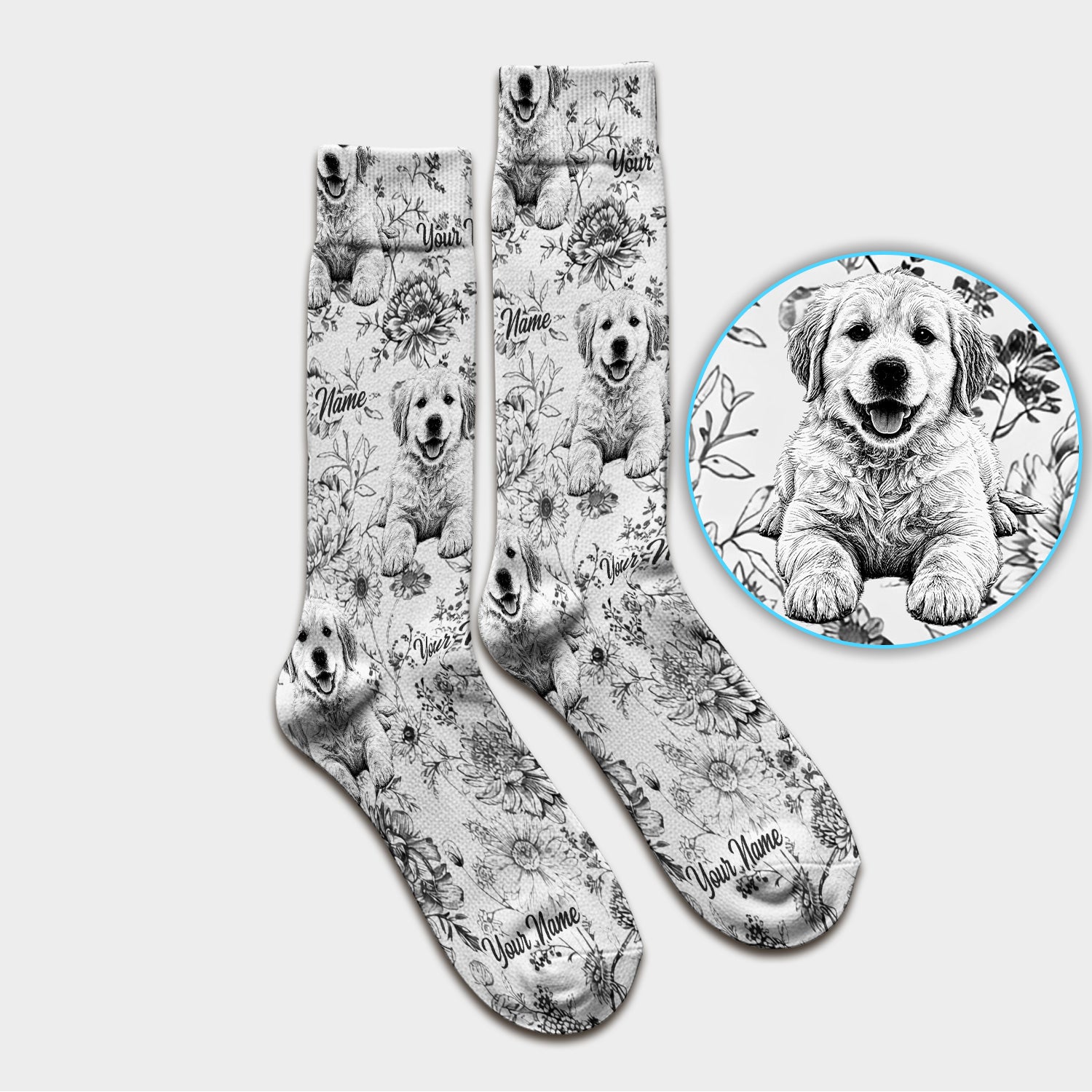 Personalized Custom Pet Photo Name Floral Pattern Socks, Adult Socks for Men and Women