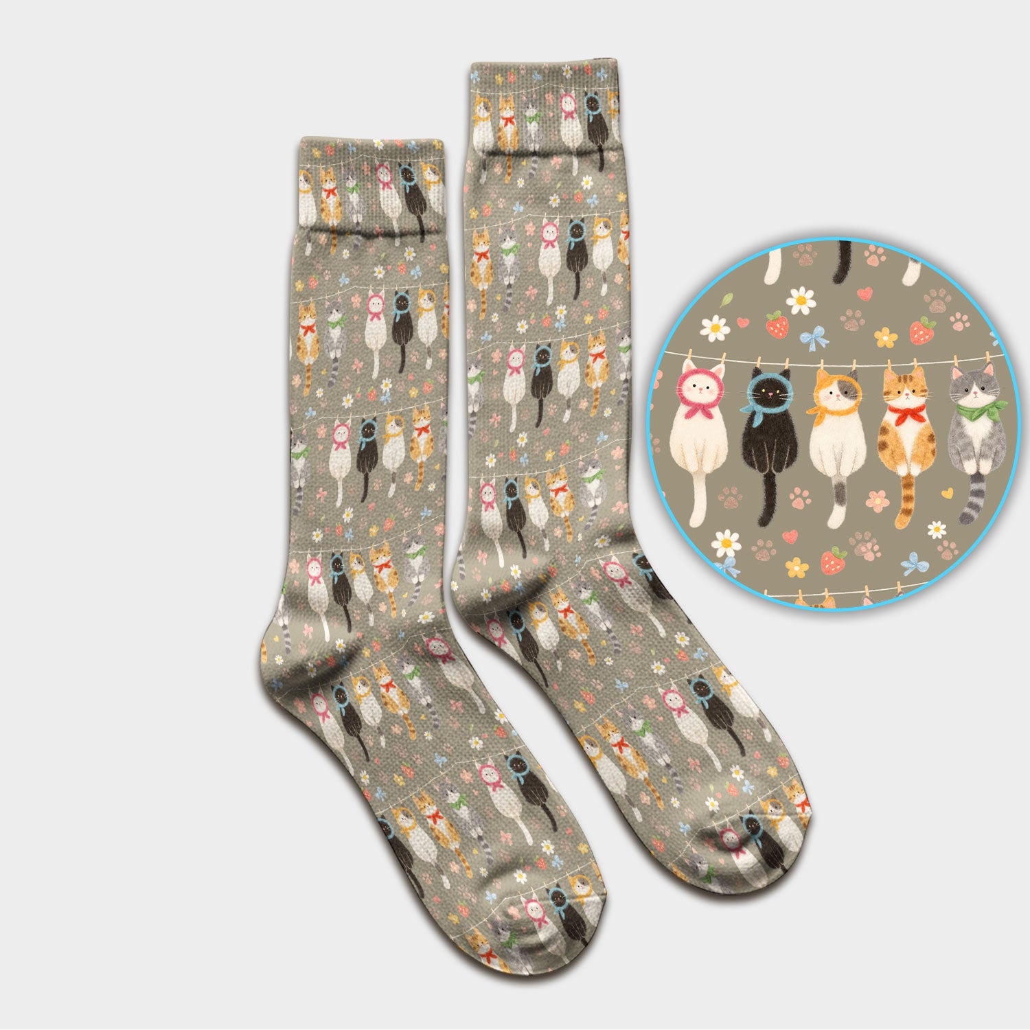 Cute Cat Clothesline Pattern Socks, Breathable Fabrics Medical Uniform