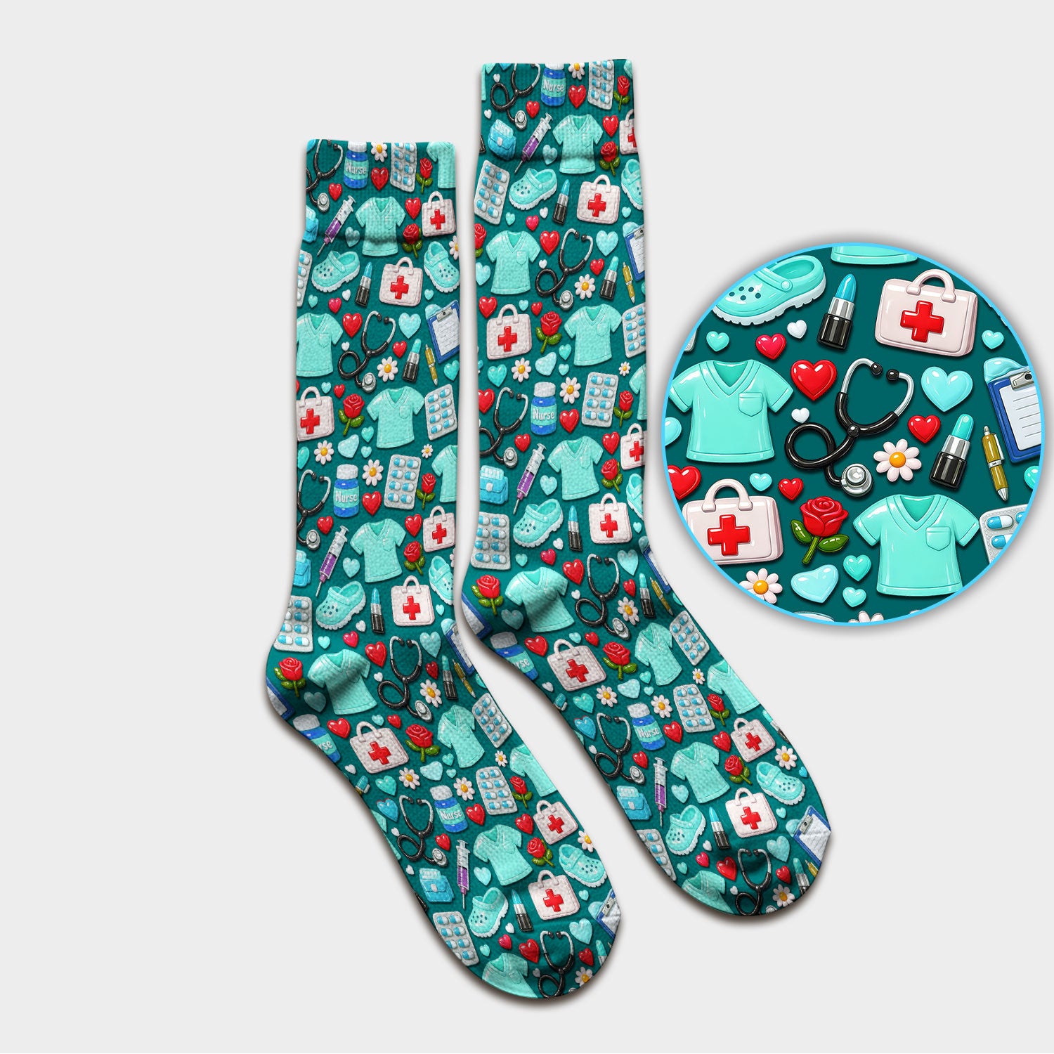 Medical Icons Scrub Socks, Cute Pattern Nurse Sock, Breathable Fabrics Nursing Uniform