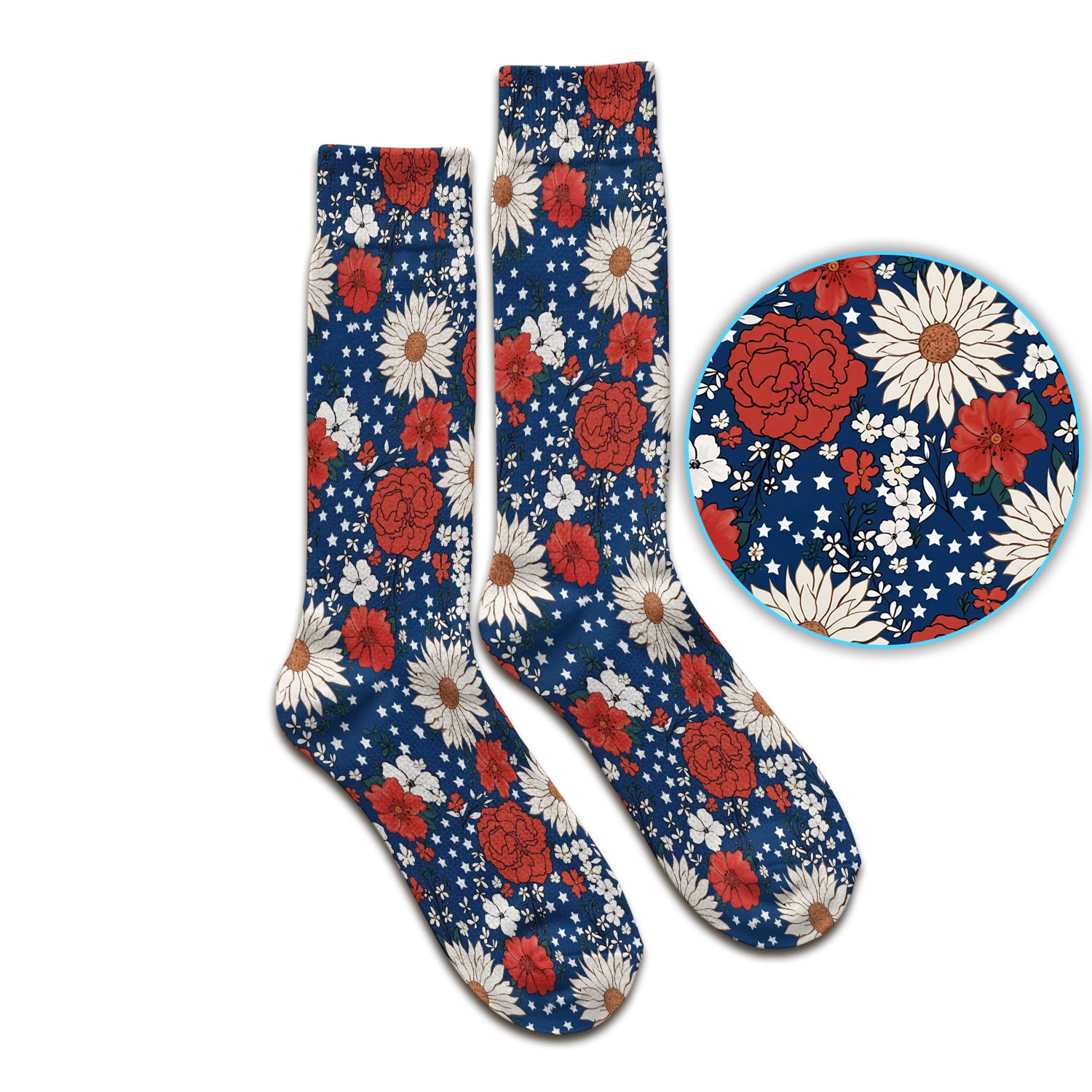 Red White Blue Floral Pattern Socks, Adult Socks for Men and Women