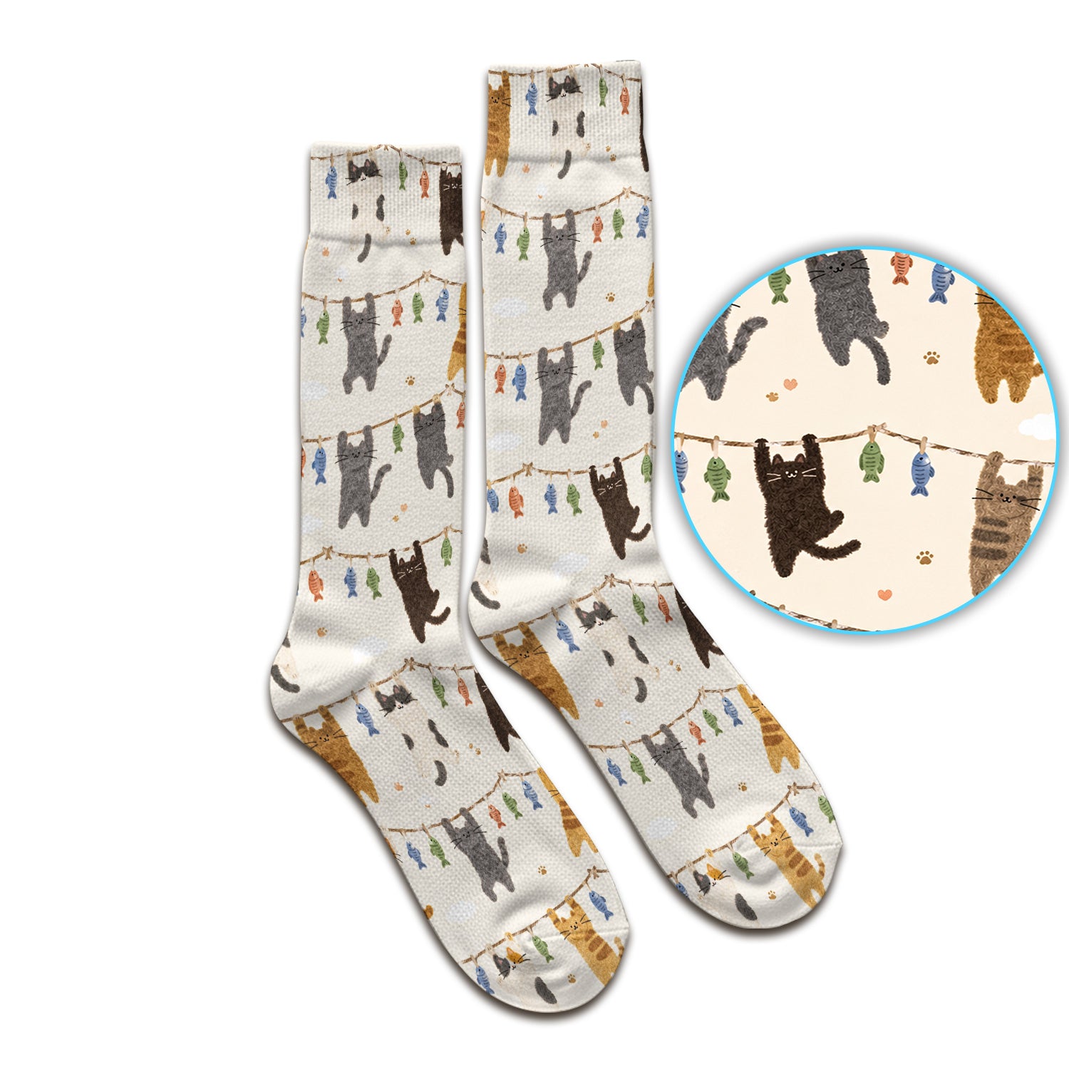 Cute Hanging Cat Fishline Pattern Socks, Adult Socks for Men and Women