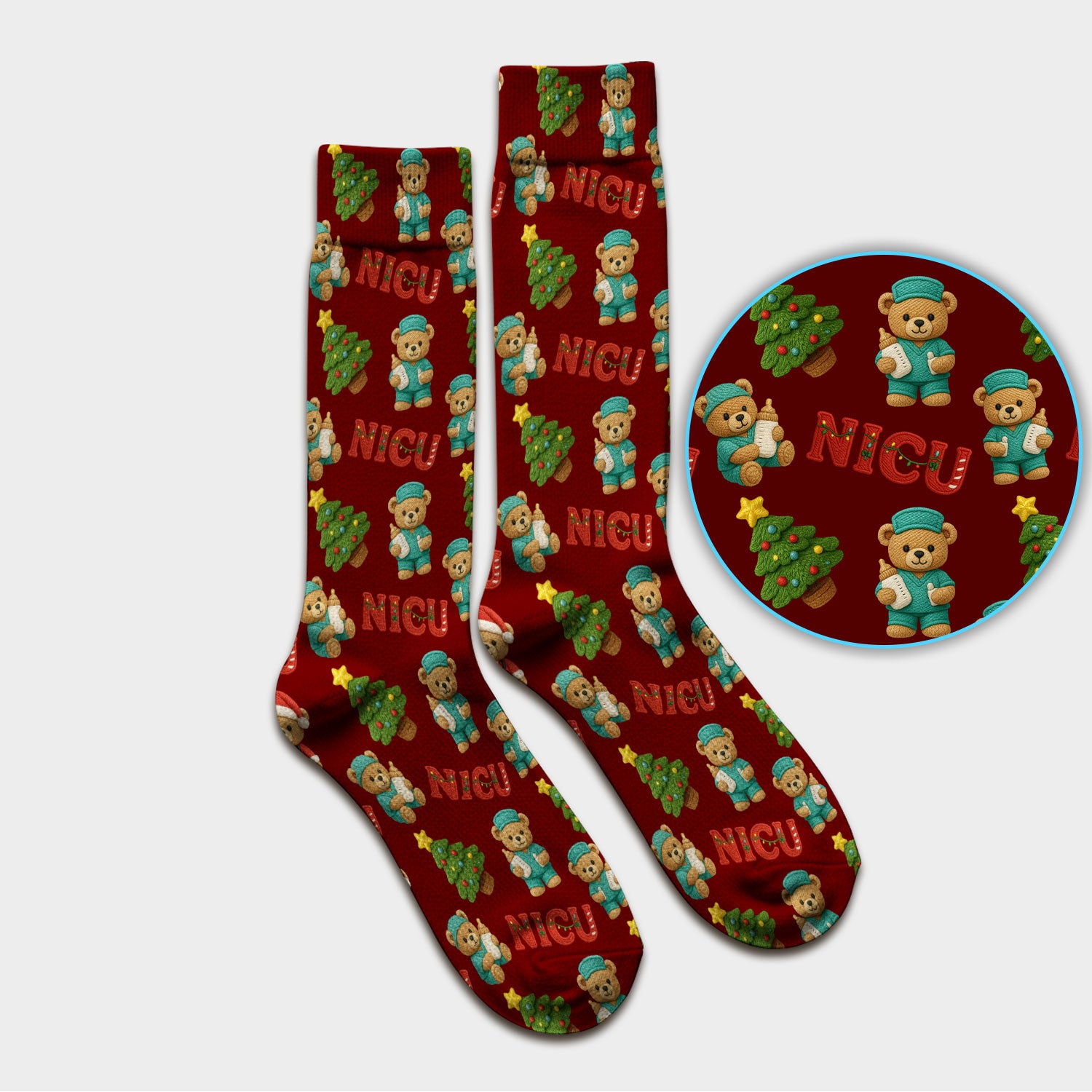 Festive Christmas NICU Nurse Teddy Bear Pattern Print Socks, Adult Socks for Men and Women