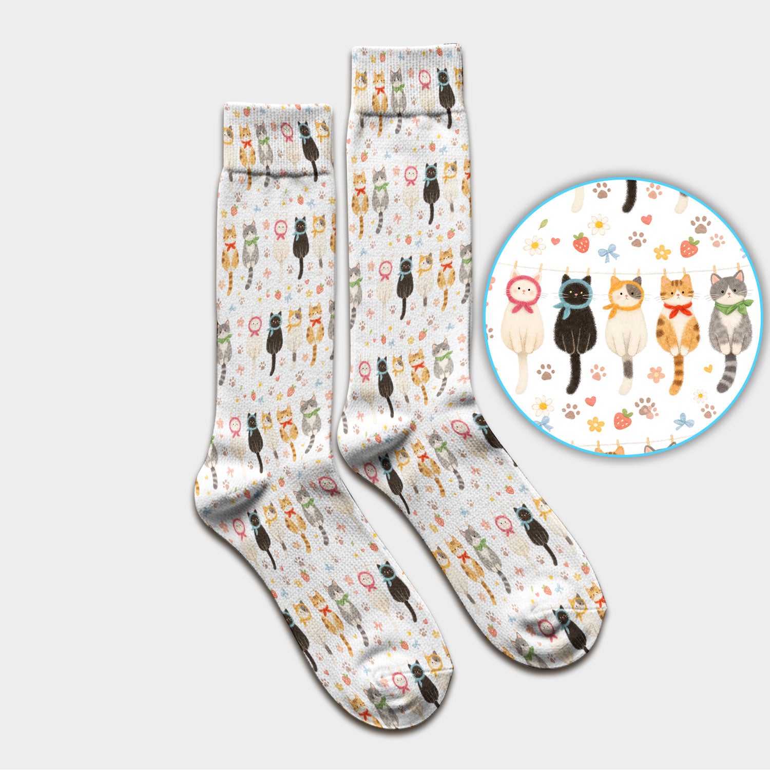 Cute Cat Clothesline Pattern Socks, Breathable Fabrics Medical Uniform