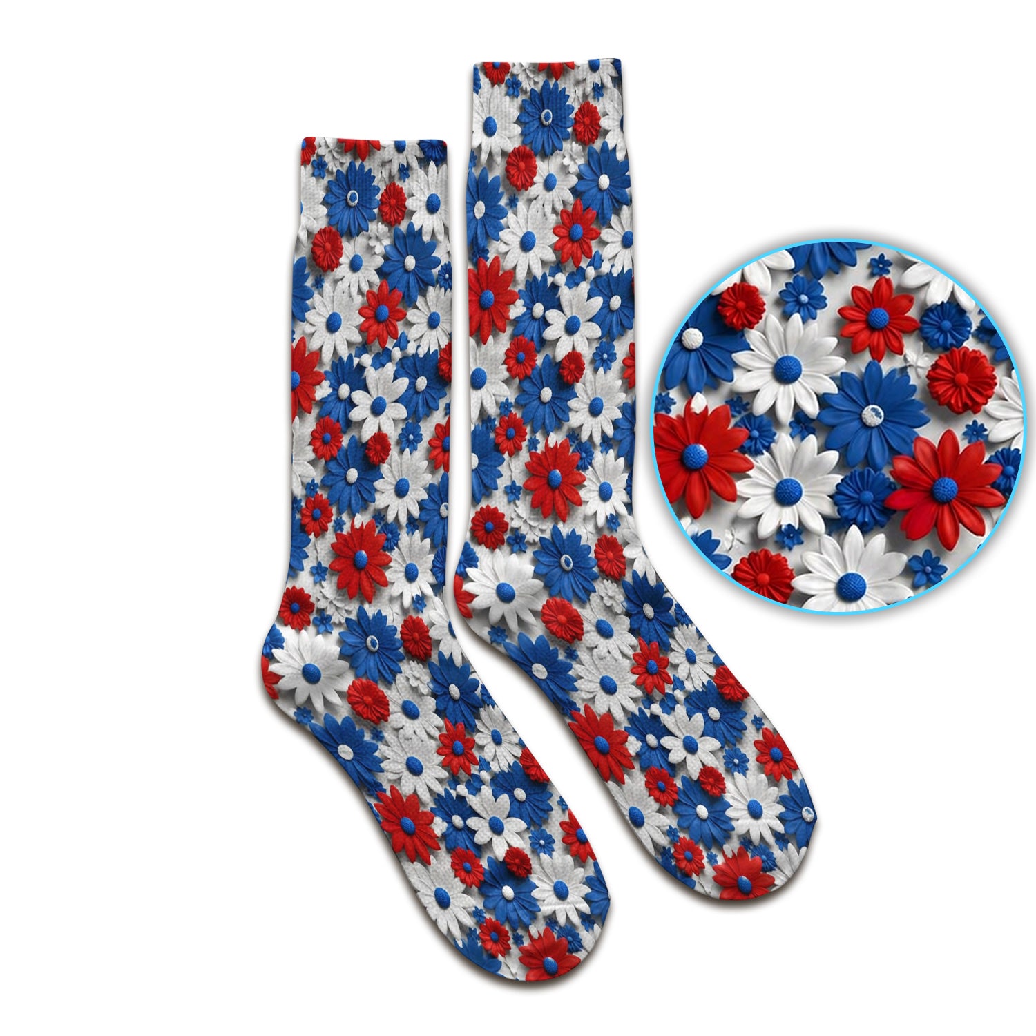 Patriotic Red Blue Daisy Floral Pattern Socks, Adult Socks for Men and Women