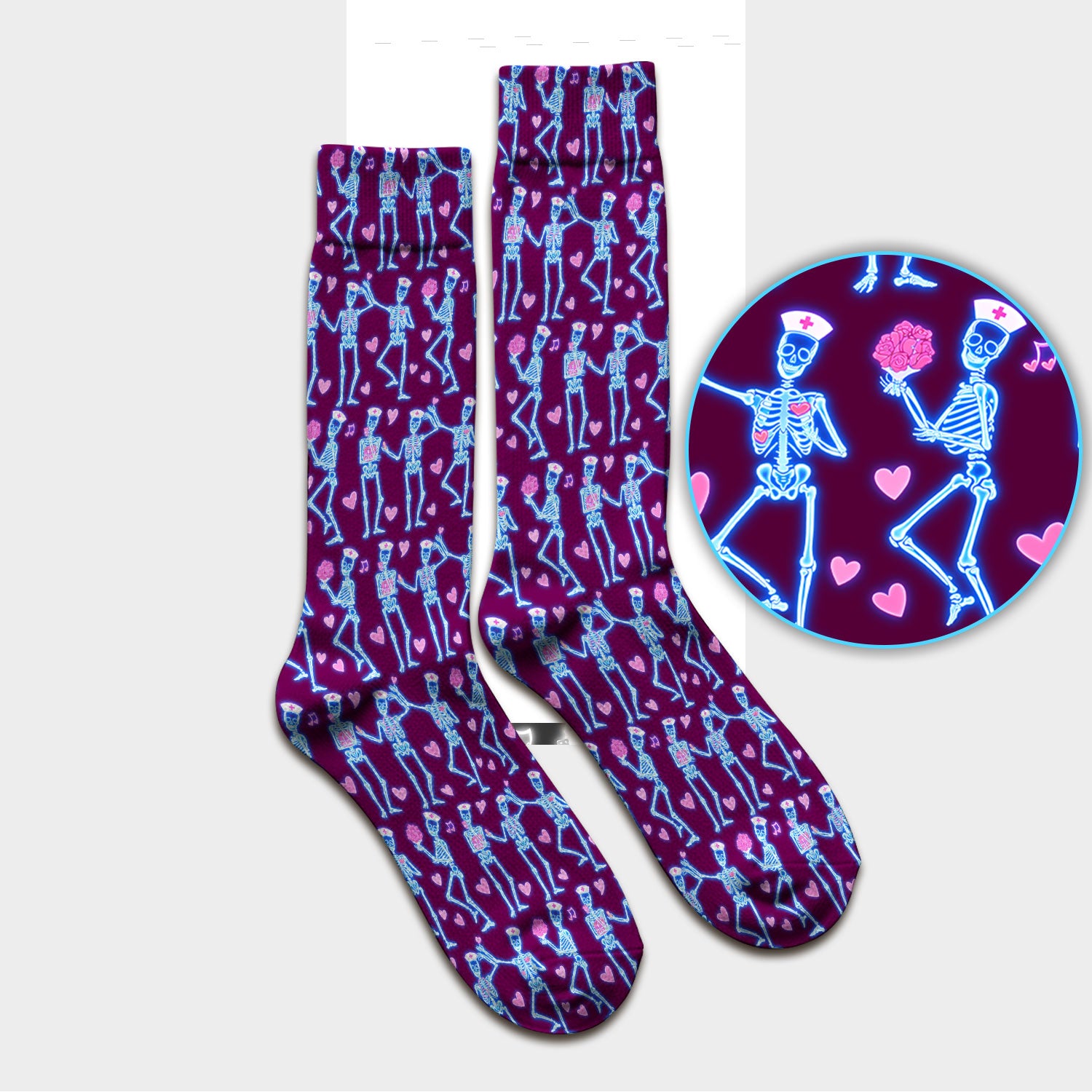 Skeleton Nurse Heart Pattern Socks, Playful Nurse Style, Adult Socks for Men and Women