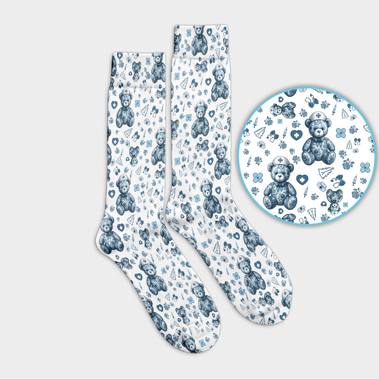 Toile Teddy Bear Socks for Nurse Doctor - Elegant Blue Toile de Jouy Adult Socks for Men and Women - Breathable Fabrics Medical Uniform