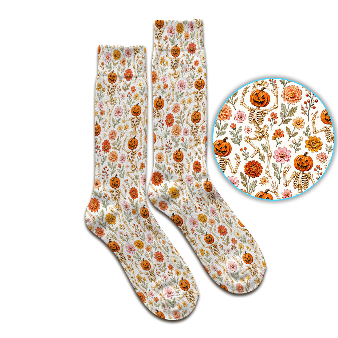 Halloween Pumpkin Skeleton Floral Socks, Adult Socks for Men and Women