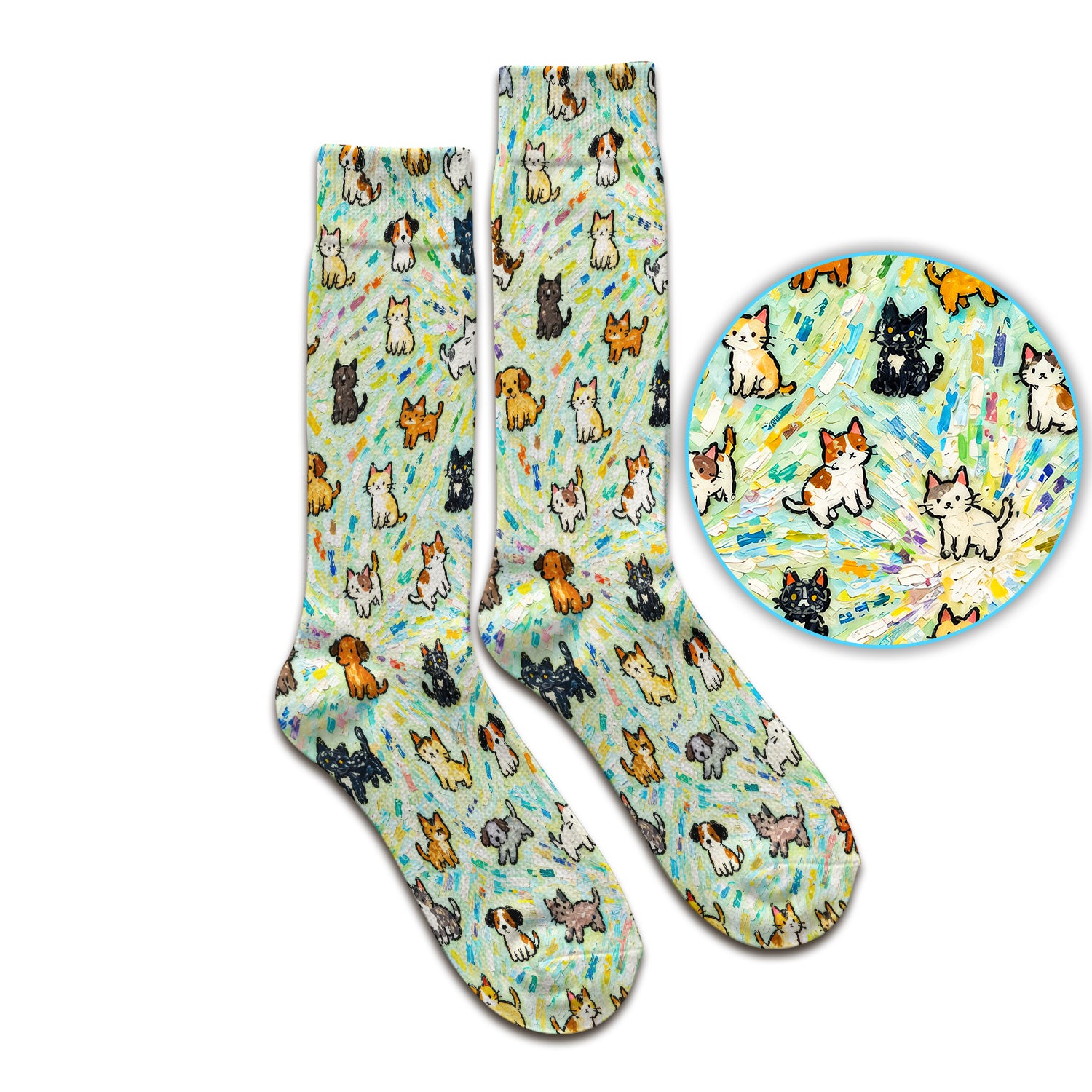 Colorful Cats Dogs Doodle Pattern Socks, Adult Socks for Men and Women