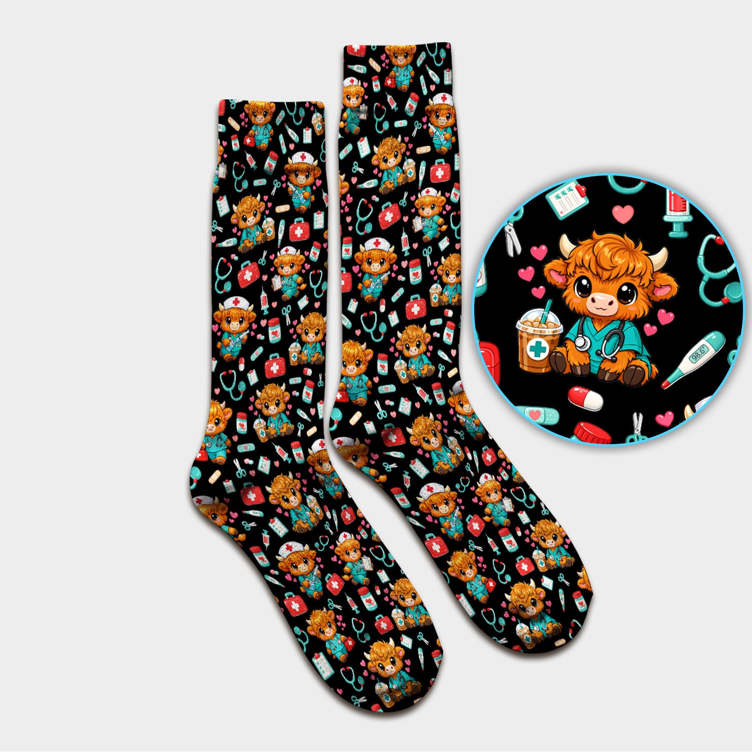 Cute Highland Cow Nurse Scrub Socks, Kawaii Medical Pattern Sock, Breathable Fabrics Nursing Uniform
