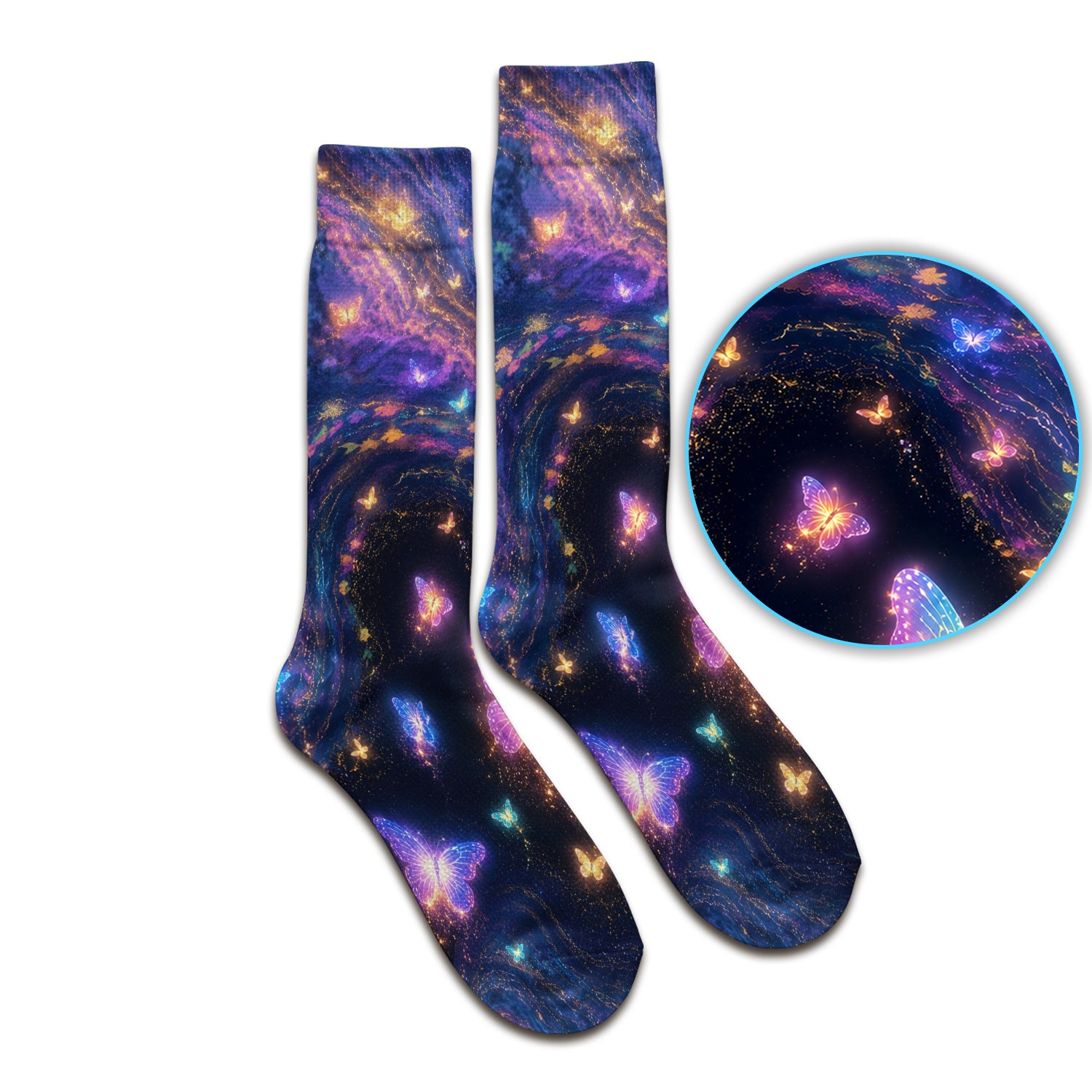 Neon Butterfly Galaxy Marble Print Socks, Adult Socks for Men and Women