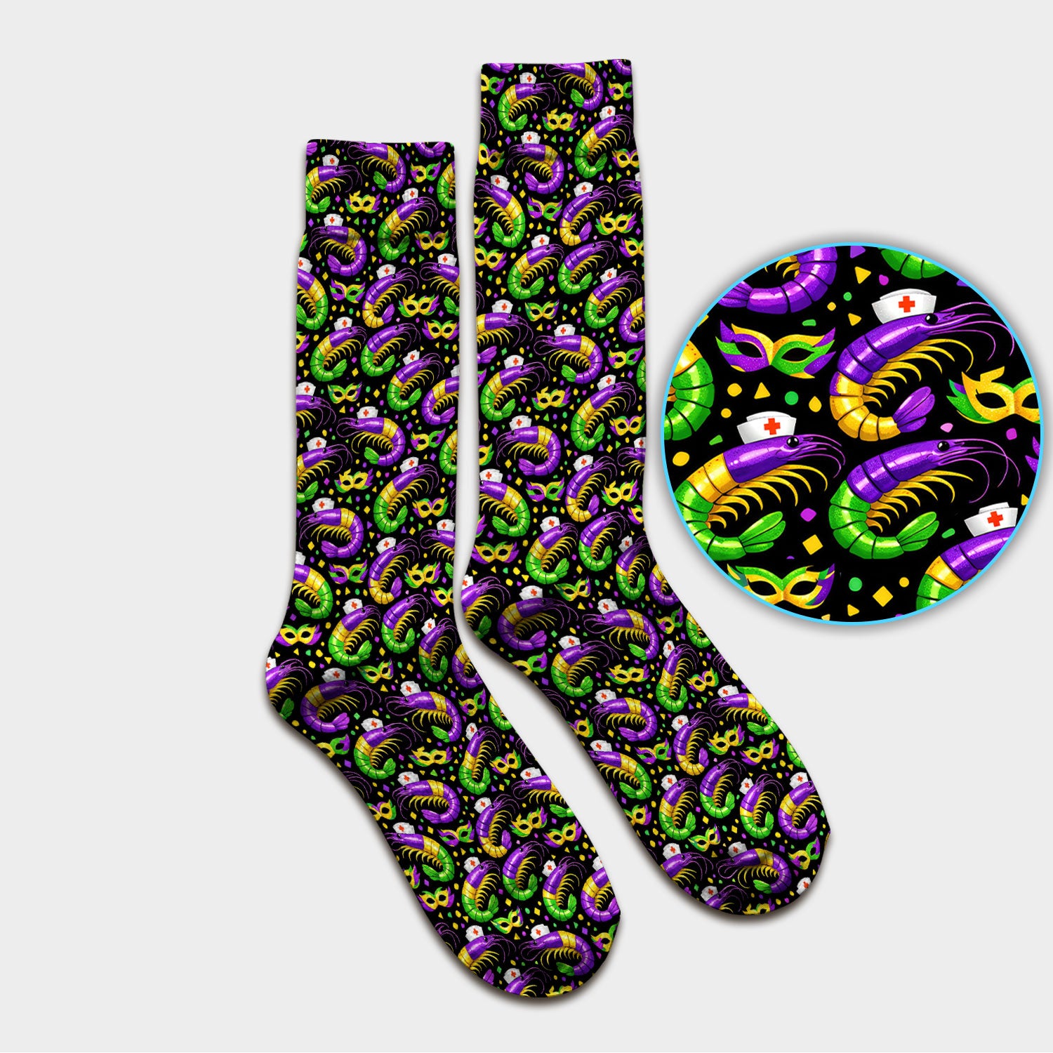 Mardi Gras Pattern Scrub Socks, Crawfish Carnival Medical Nurse Scrub Sock, Breathable Fabrics Nursing Uniform