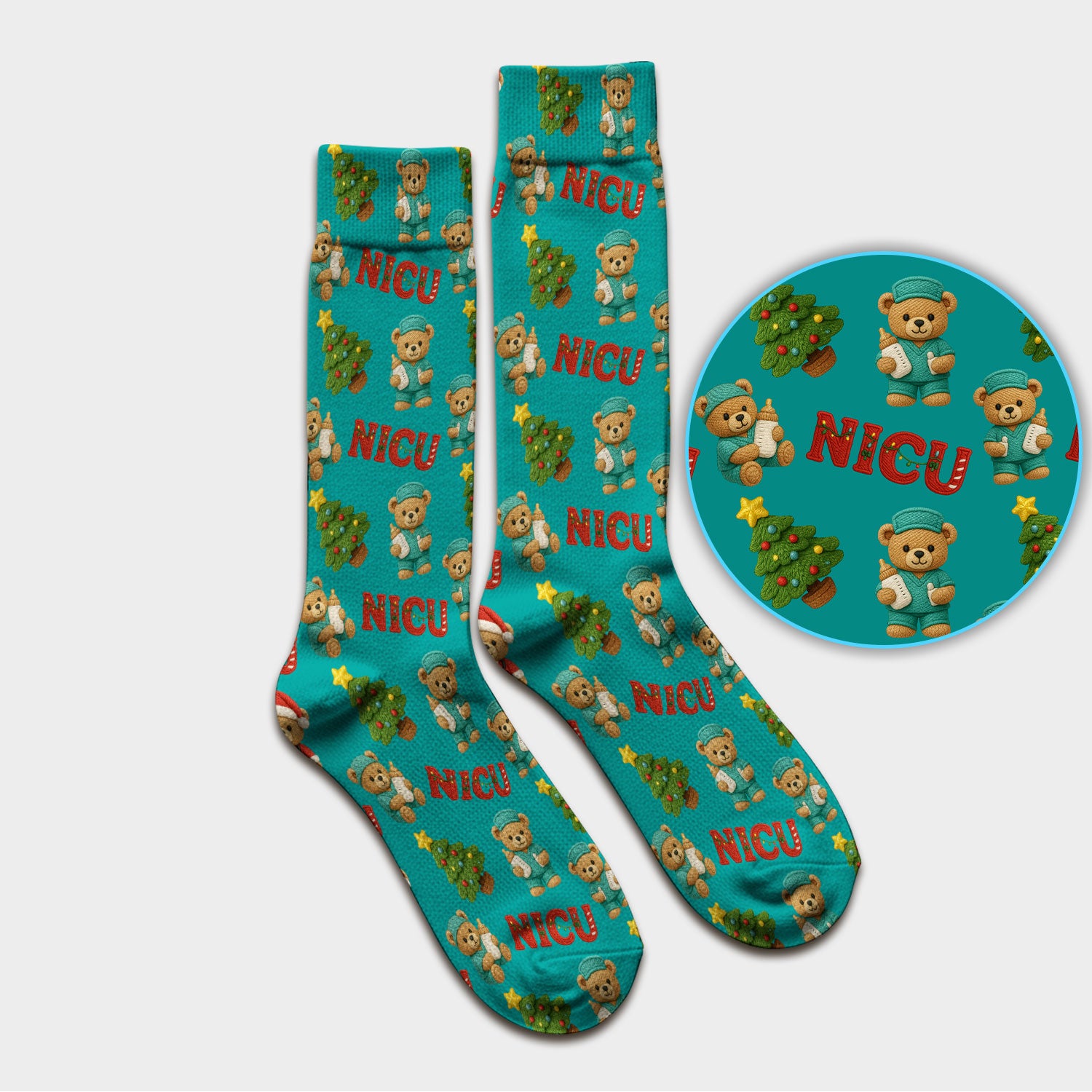 Festive Christmas NICU Nurse Teddy Bear Pattern Print Socks, Adult Socks for Men and Women