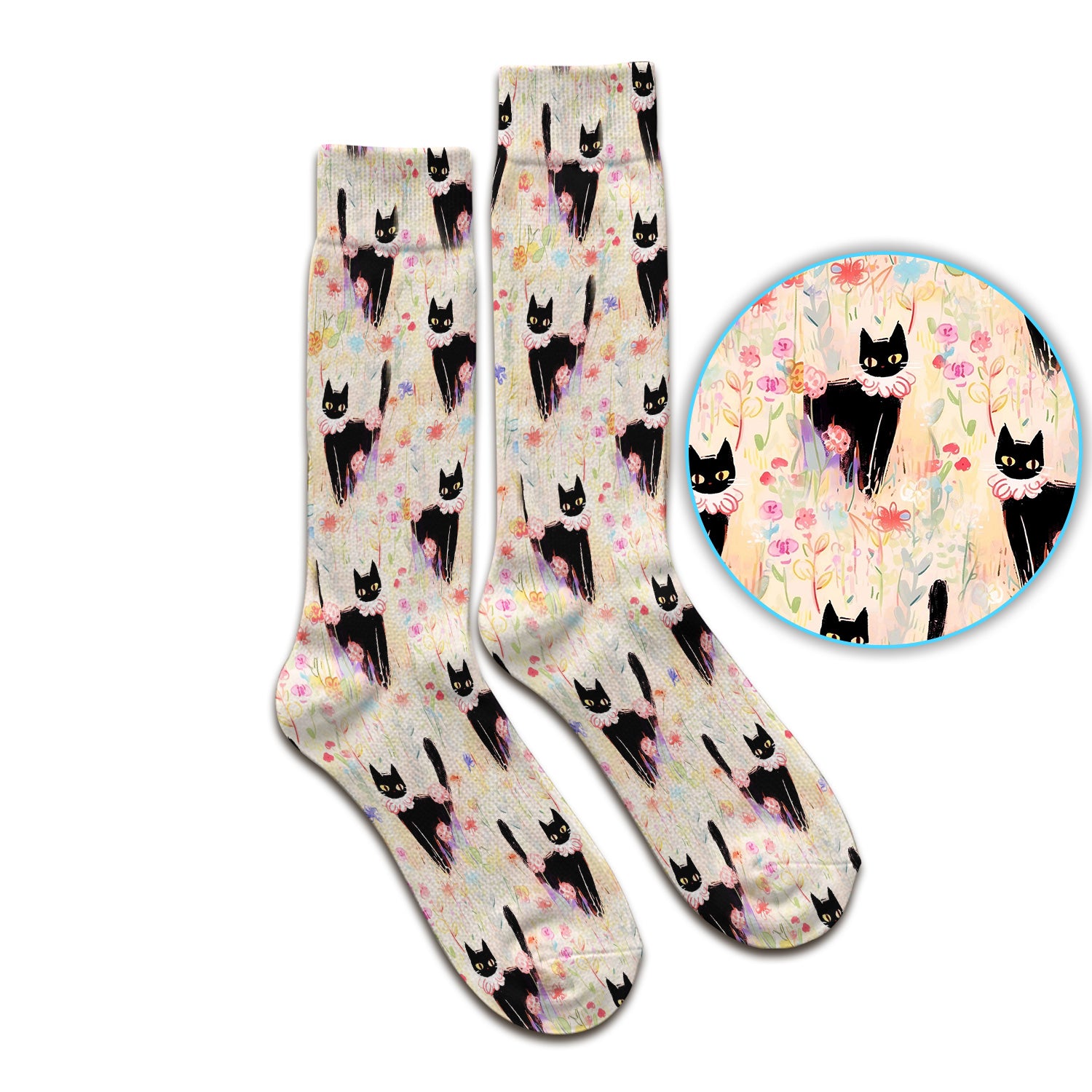 Black Cat Floral Garden Nurse Pattern Socks, Adult Socks for Men and Women