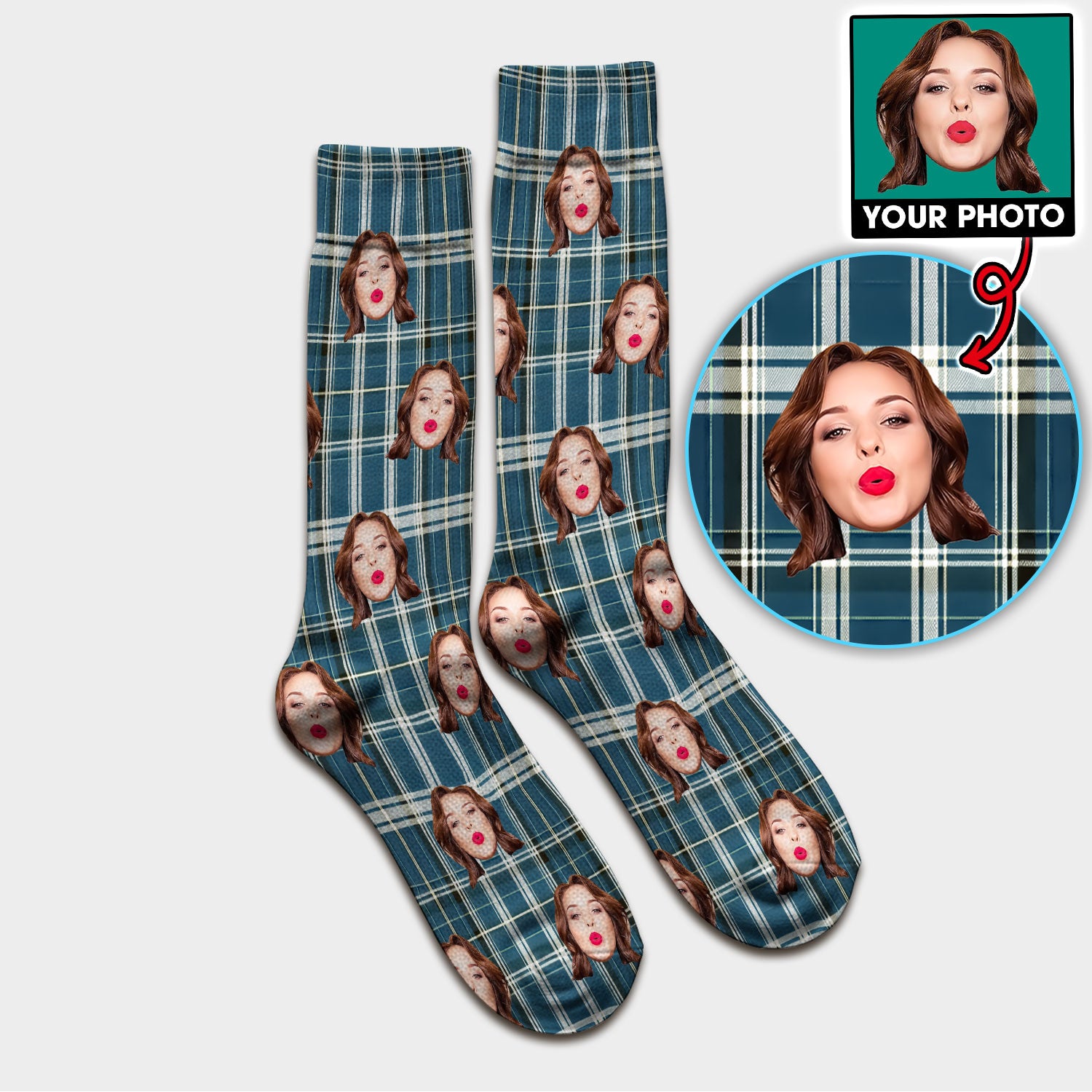 Personalized Funny Face Plaid Medical Socks, Custom Photo Pattern Socks For Nurse Doctor, Breathable Fabrics Medical Uniform