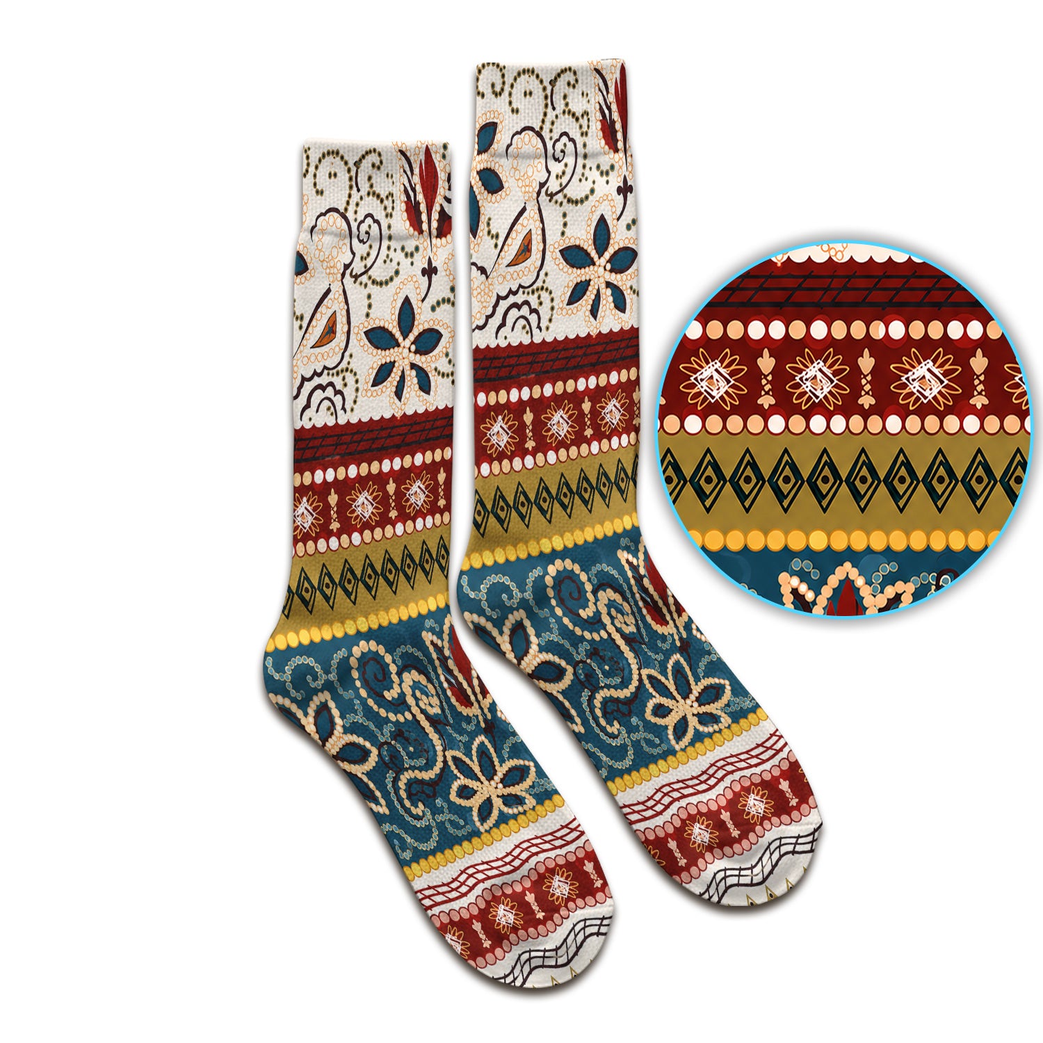 Boho Paisley Floral Stripe Pattern Socks, Adult Socks for Men and Women