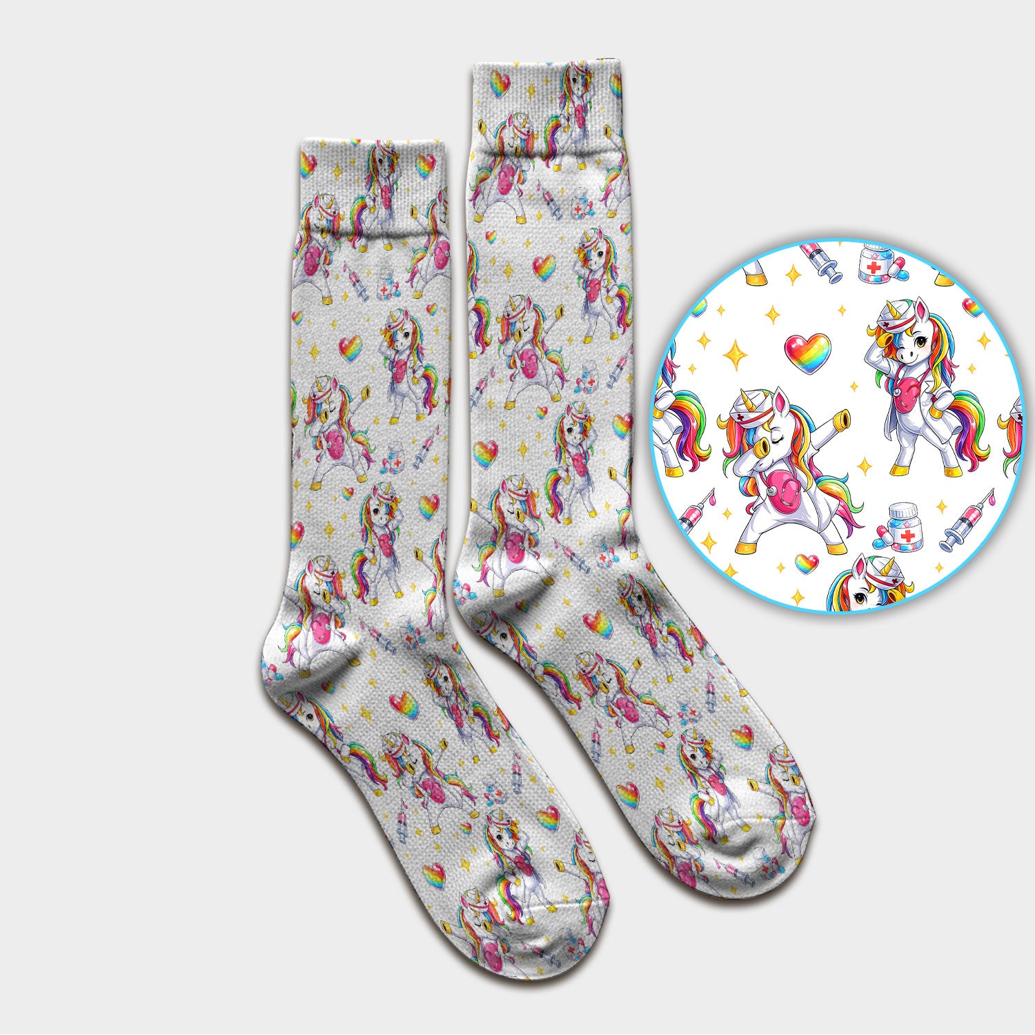 Playful Nurse Unicorn Rainbow Pattern Medical Socks, Socks for Nurse Doctor