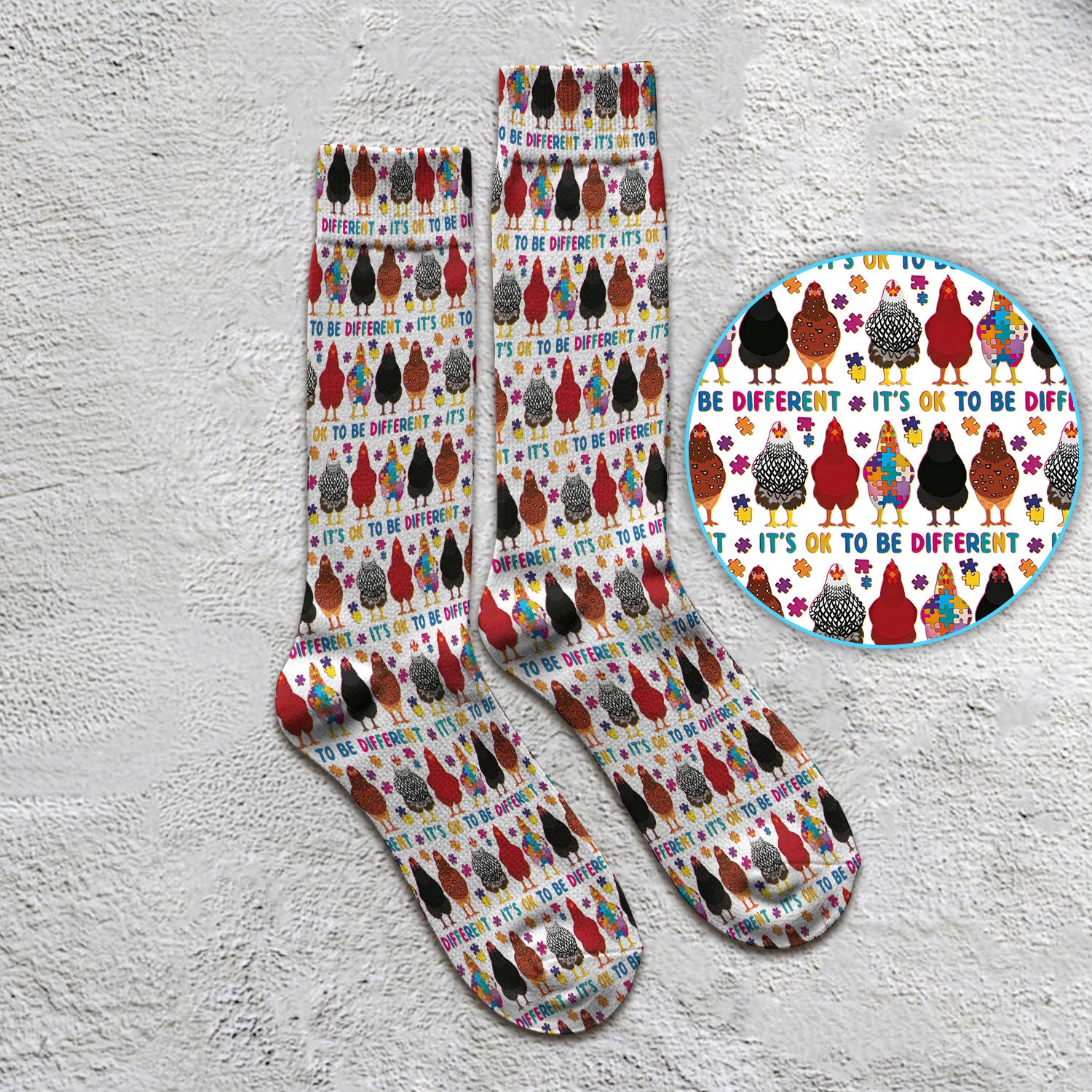 Autism Chicken It’s OK to Be Different Print Socks, Breathable Fabrics Medical Uniform