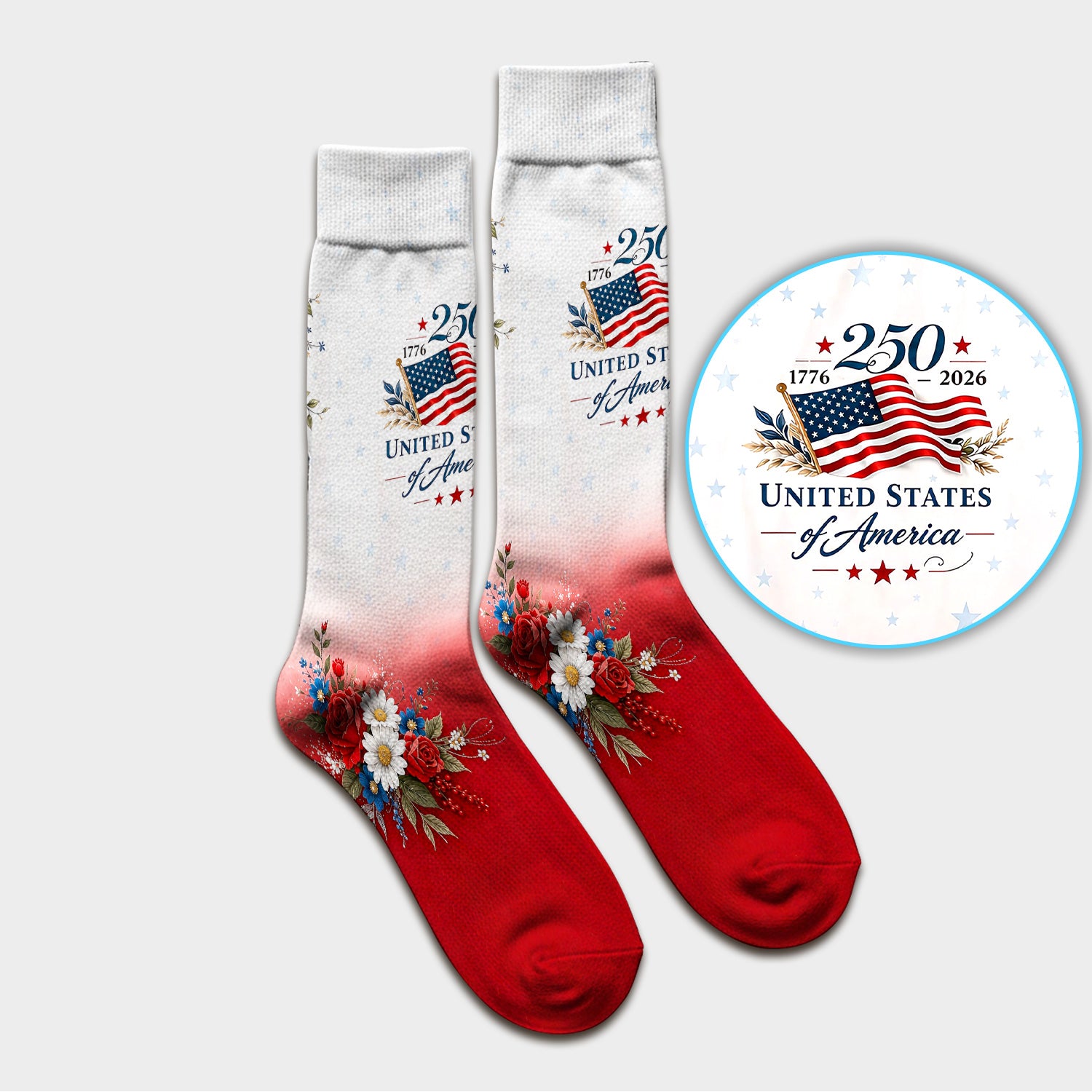 Patriotic 250th Flag Floral Pattern Socks, Adult Socks for Men and Women