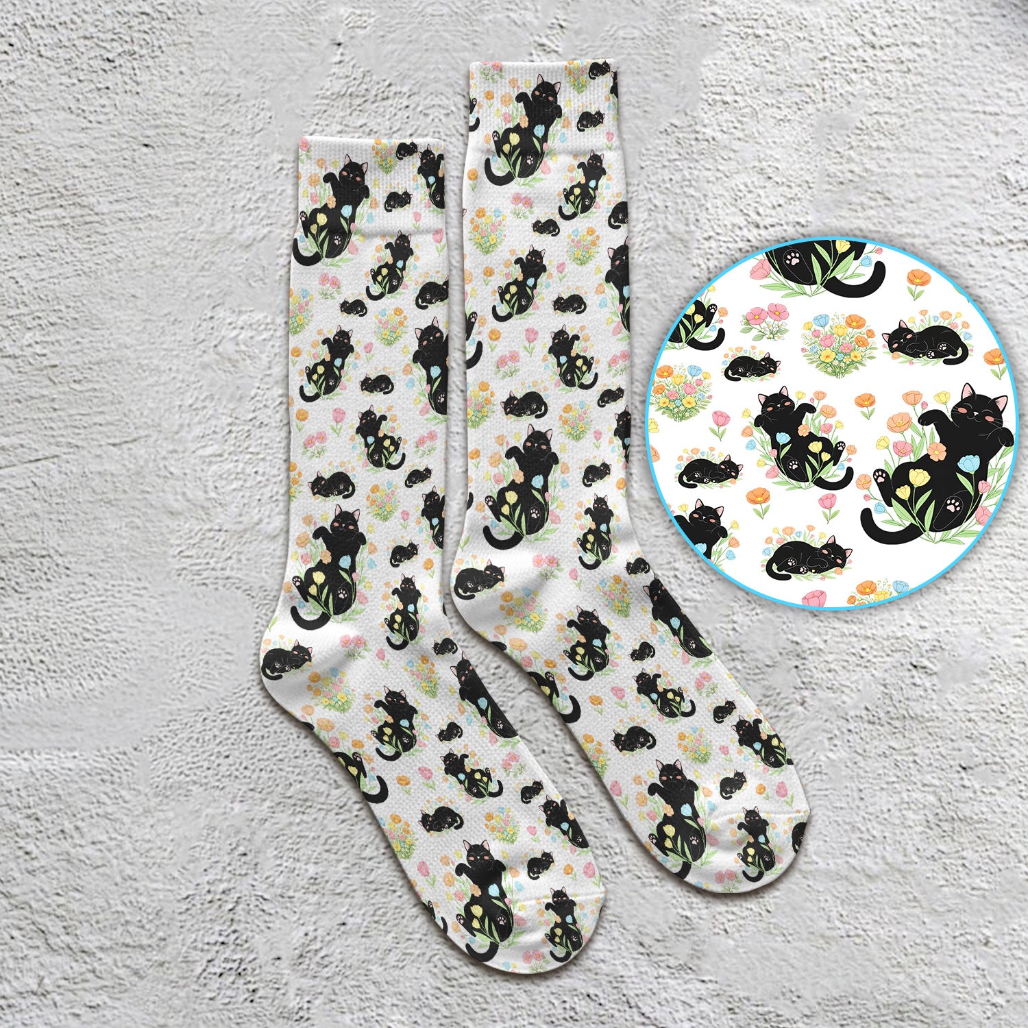 Cats With Cute Poses Floral Pattern Socks, Adult Socks for Men and Women