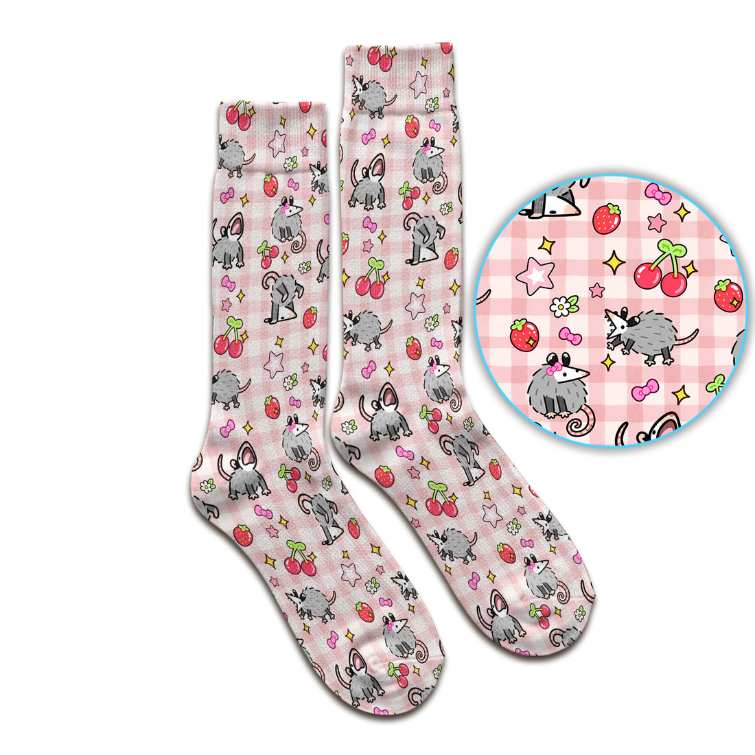 Cute Opossum And Cherries Gingham Pattern Socks, Adult Socks for Men and Women