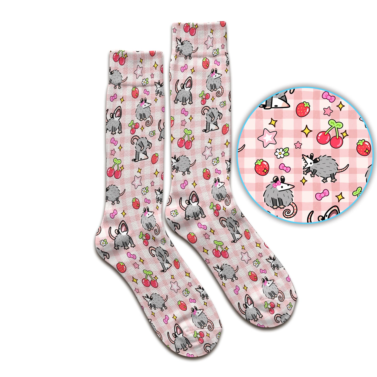 Cute Opossum And Cherries Gingham Pattern Socks, Adult Socks for Men and Women